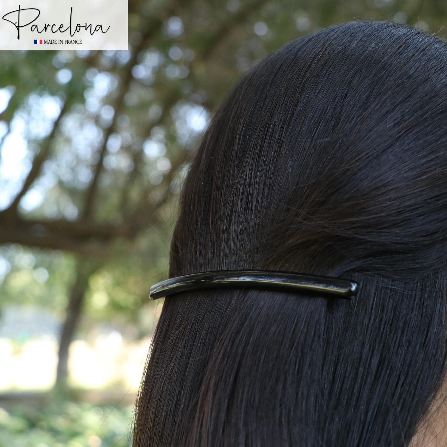 Parcelona French Skinny Rounded Tortoise Shell Brown and Black 4&rdquo; Celluloid Automatic Set of 2 Hair Clip Barrettes for Women and Girls image number 4