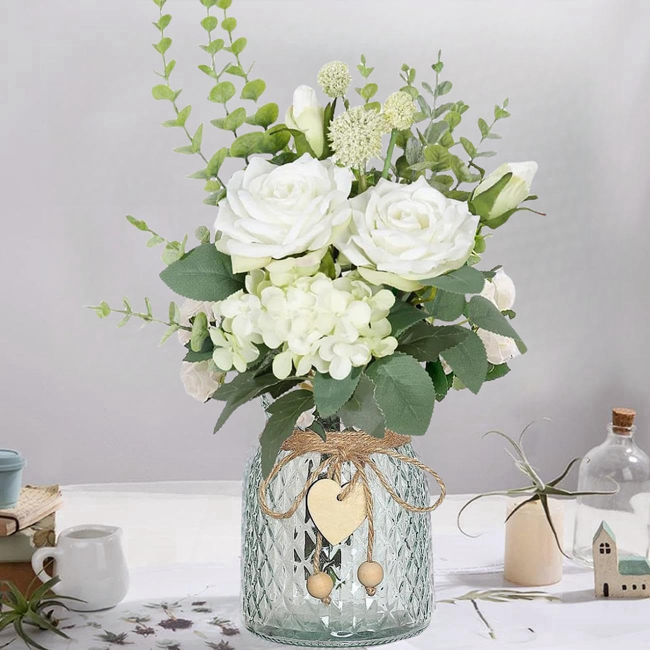 Artificial Flowers with Glass Vase Fake Flower Bouquet Faux Rose in Vases for Home Dcor Flowers Modern Home Decor Table Decorative Flower Vase for Dinner Office Bedroom, White - White image number 1