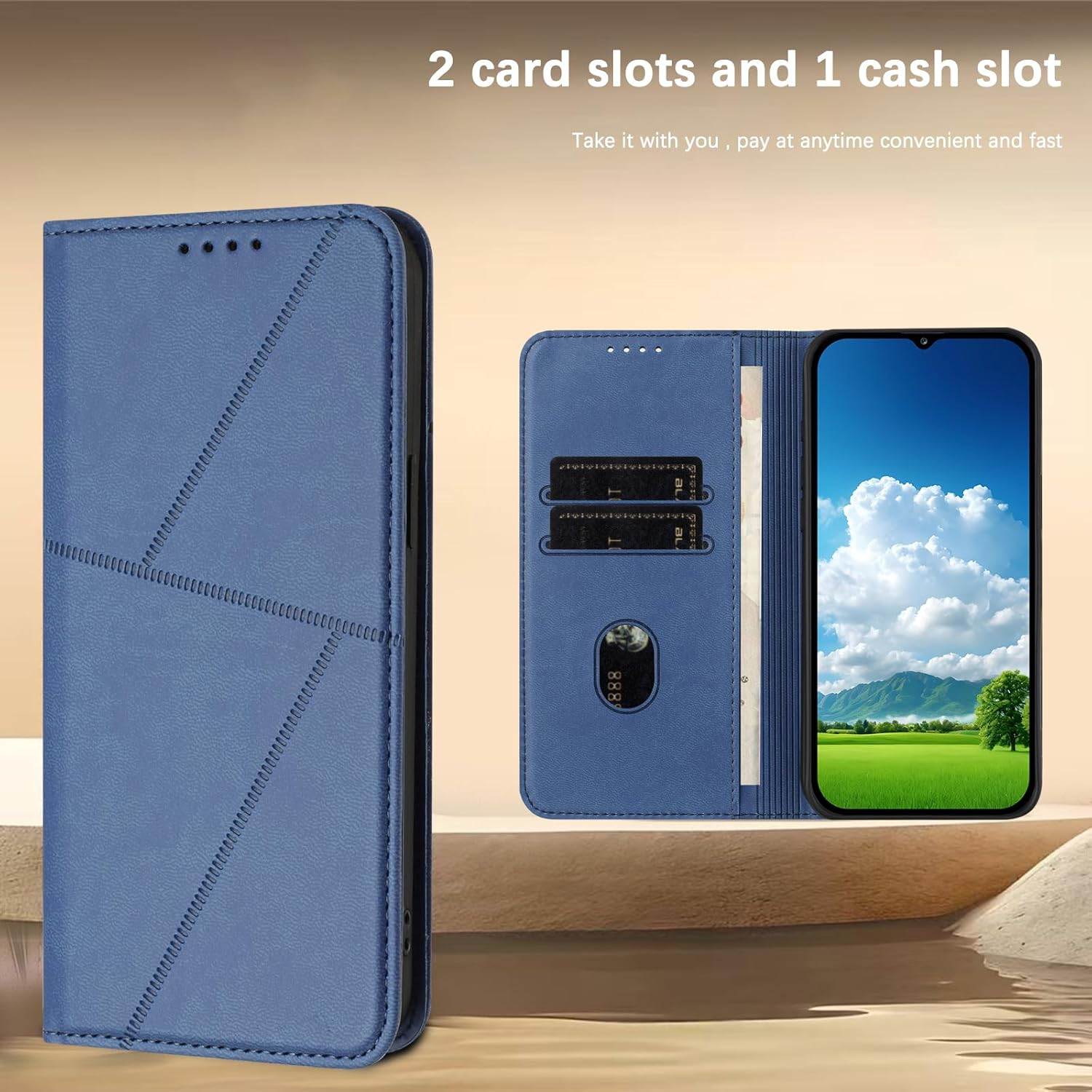 Case for Iphone 16, PU Leather Cover Wallet Case Wallet for Iphone 16, with Card Holder Slot Flip Cover Kickstand Drop Protection Magnetic Wallet Case - Blue image number 2