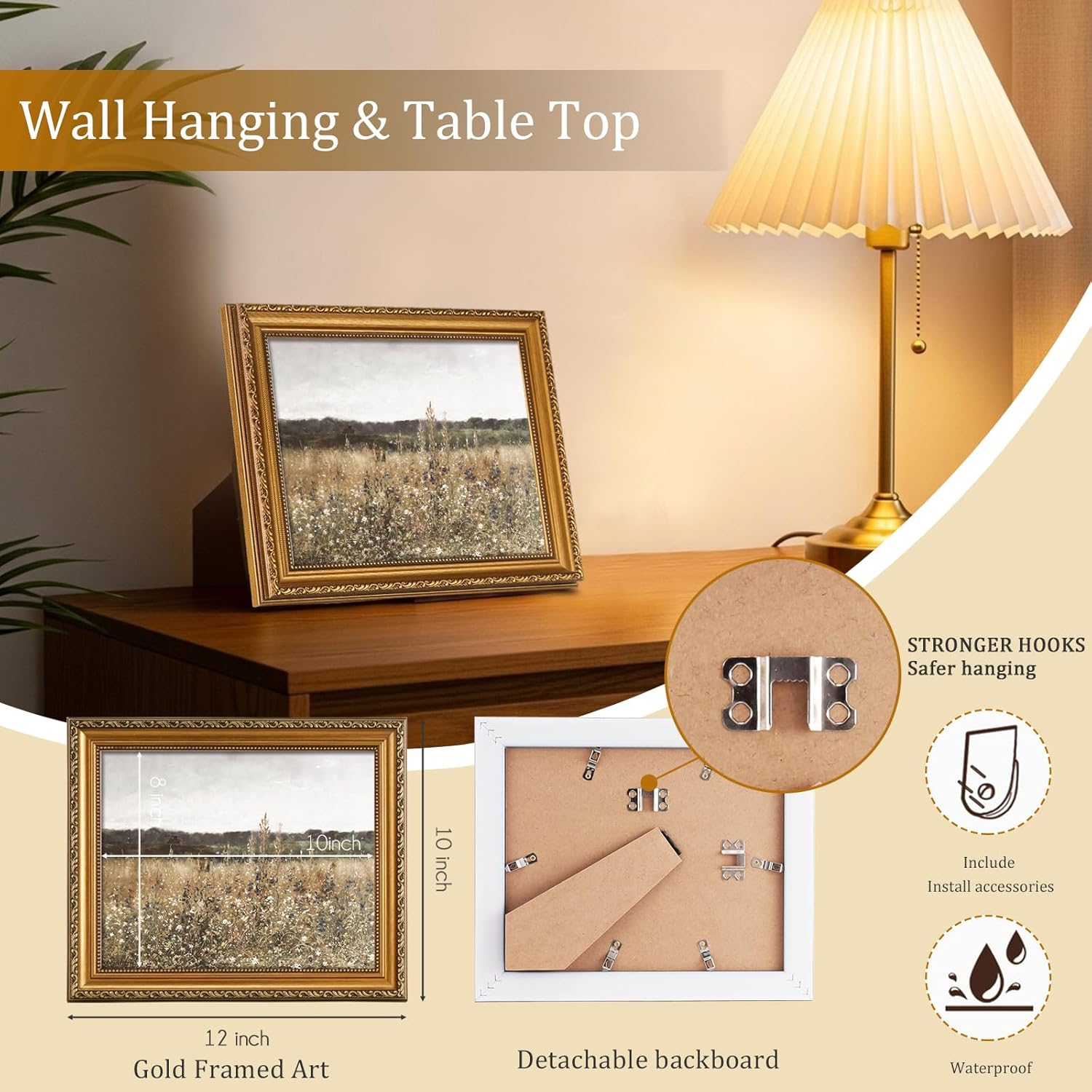 Uniro Vintage Gold Framed Wall Art for Home Decor, Farmhouse Wall Decor Wildflower Field Landscape Canvas Artwork, Antique Landscape Oil Painting for Bedroom Wall Decor, Rustic Country Aesthetic