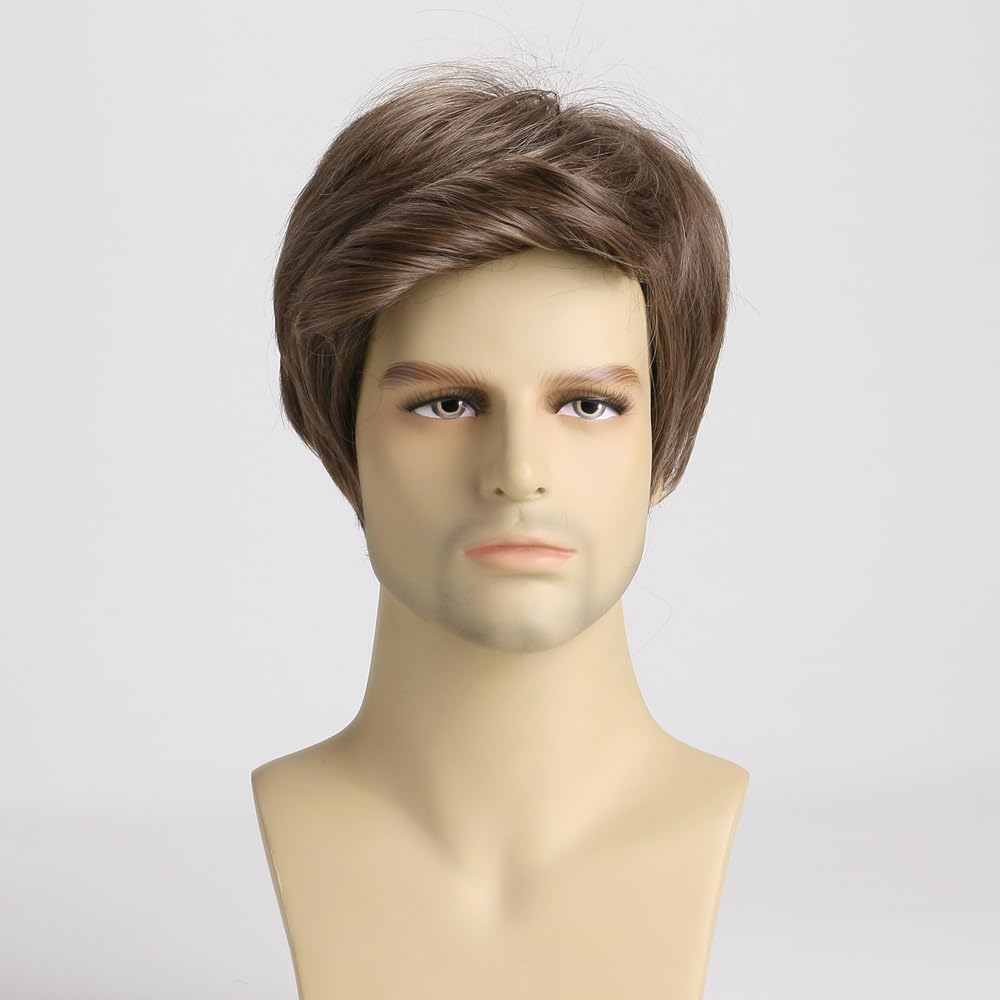 AUBWIG Men'S Wig Brown Short Wig Natural Fluffy Wig Long Men'S Day Costume Synthetic Full Wigs (Brown) image number 2