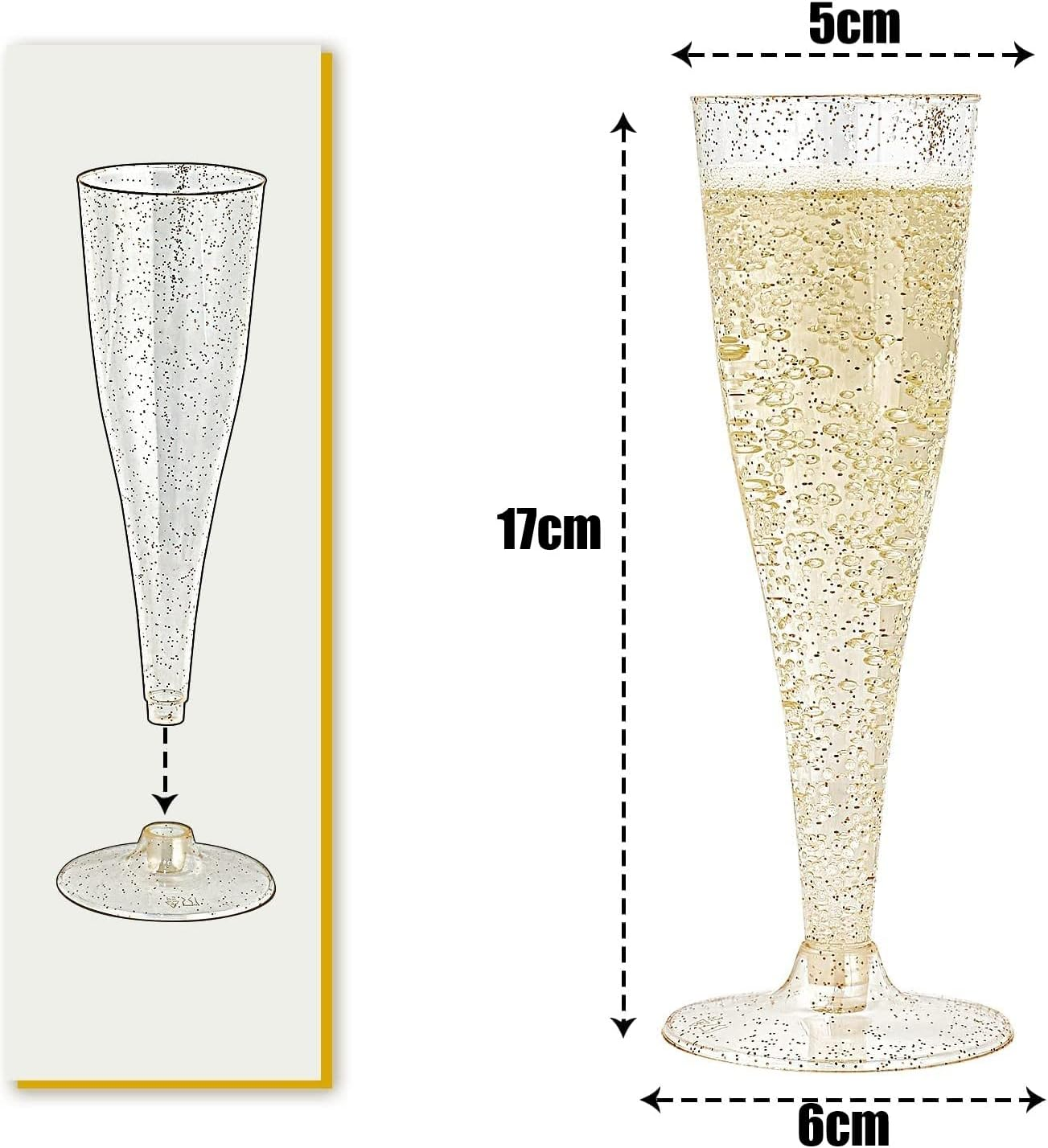 LATERN 60Pcs Plastic Champagne Flutes, 150Ml Gold Glitter Champagne Glasses Reusable Stemmed Party Wine Cups for Garden Wedding Anniversary Shower Parties (5 X 17Cm) image number 1