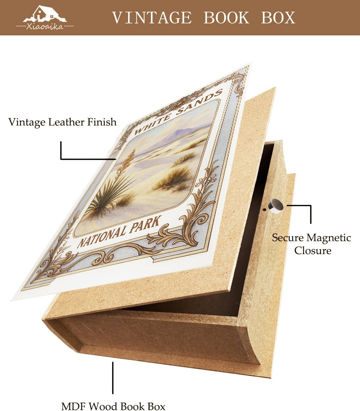 Decorative Wooden Book Box - Vintage Faux Book Boxes with National Park Design, Secret Storage with Magnetic Closure, Leather Cover, Perfect for Home Office Bookshelf (1 X White Sands)