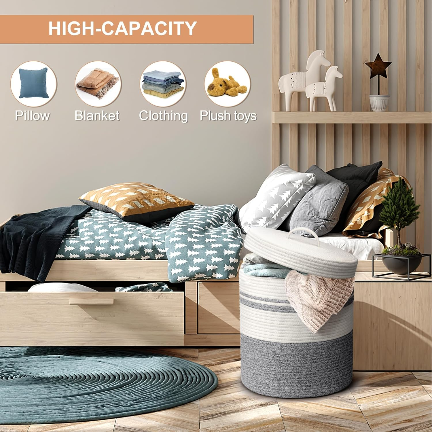 Foldable Laundry Basket Small with Lid, Laundry Hamper - Laundry Baskets, Baskets Braided Cotton Basket - Storage Basket Small Laundry Basket Children'S Room (Grey, 35 X 42 Cm) image number 3