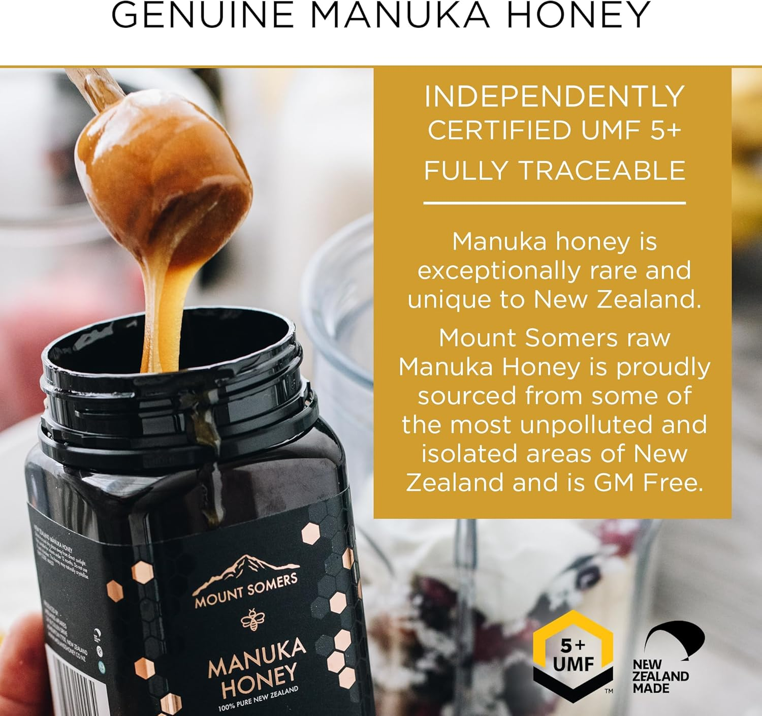 Mount Somers 100% Pure Premium Raw Manuka Honey - UMF 5+ / MGO 83+ 500G Jar, Non GMO New Zealand Manuka Honey, Genuine Natural Superfood, Great Taste, UMF Certified & Traceable image number 4