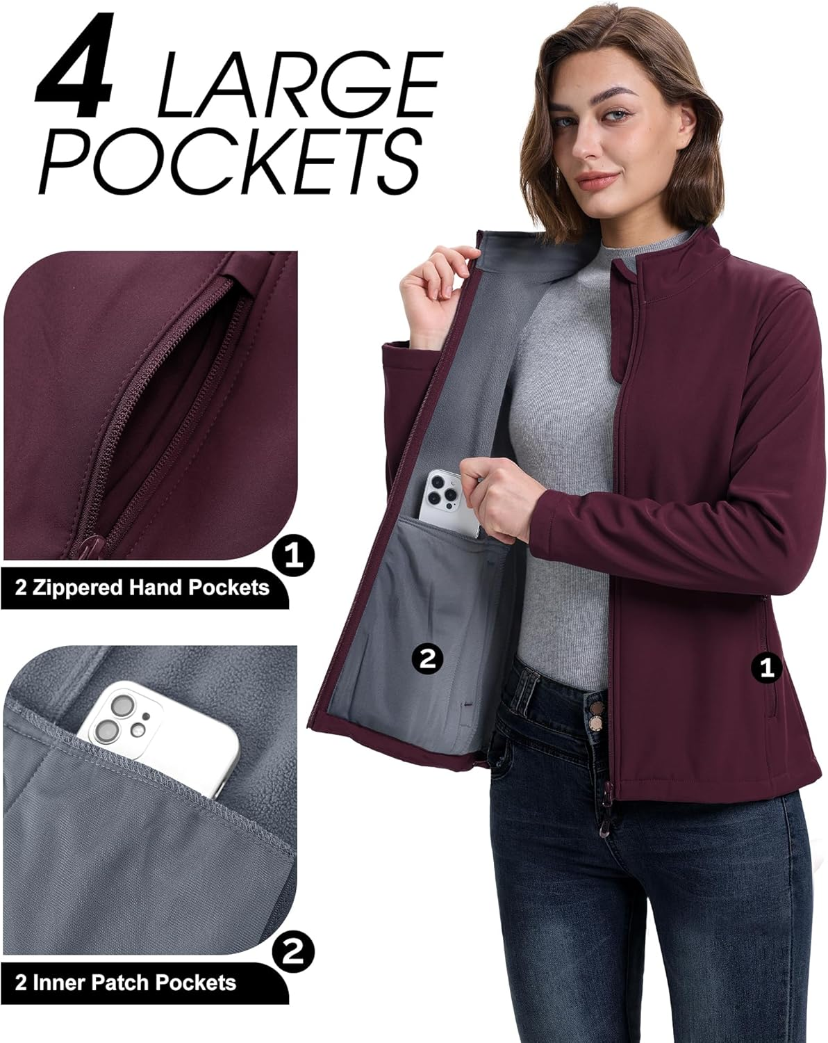 33,000Ft Women'S Softshell Jacket Warm Fleece Lined Windbreaker Lightweight Waterproof Rain Jacket for Running Golf Hiking image number 6