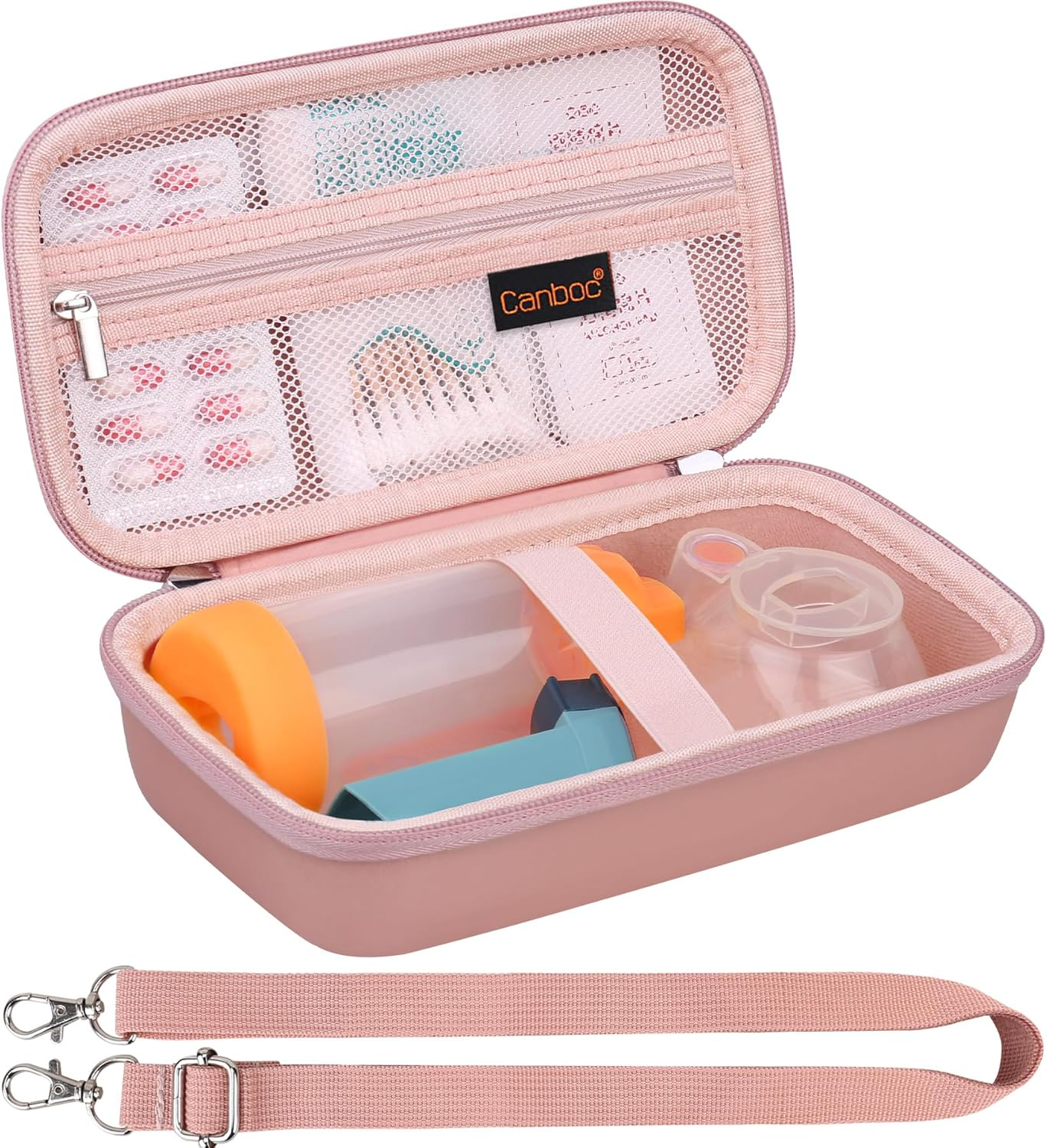 Canboc Carrying Case for Asthma Inhaler, Handheld Spacer for Adults and Kids, Mask, Inhaler Spacer Bag with Removable Shoulder Strap, Mesh Pocket Fit Medicine or Essentials, Rose Gold (Case Only) image number 5