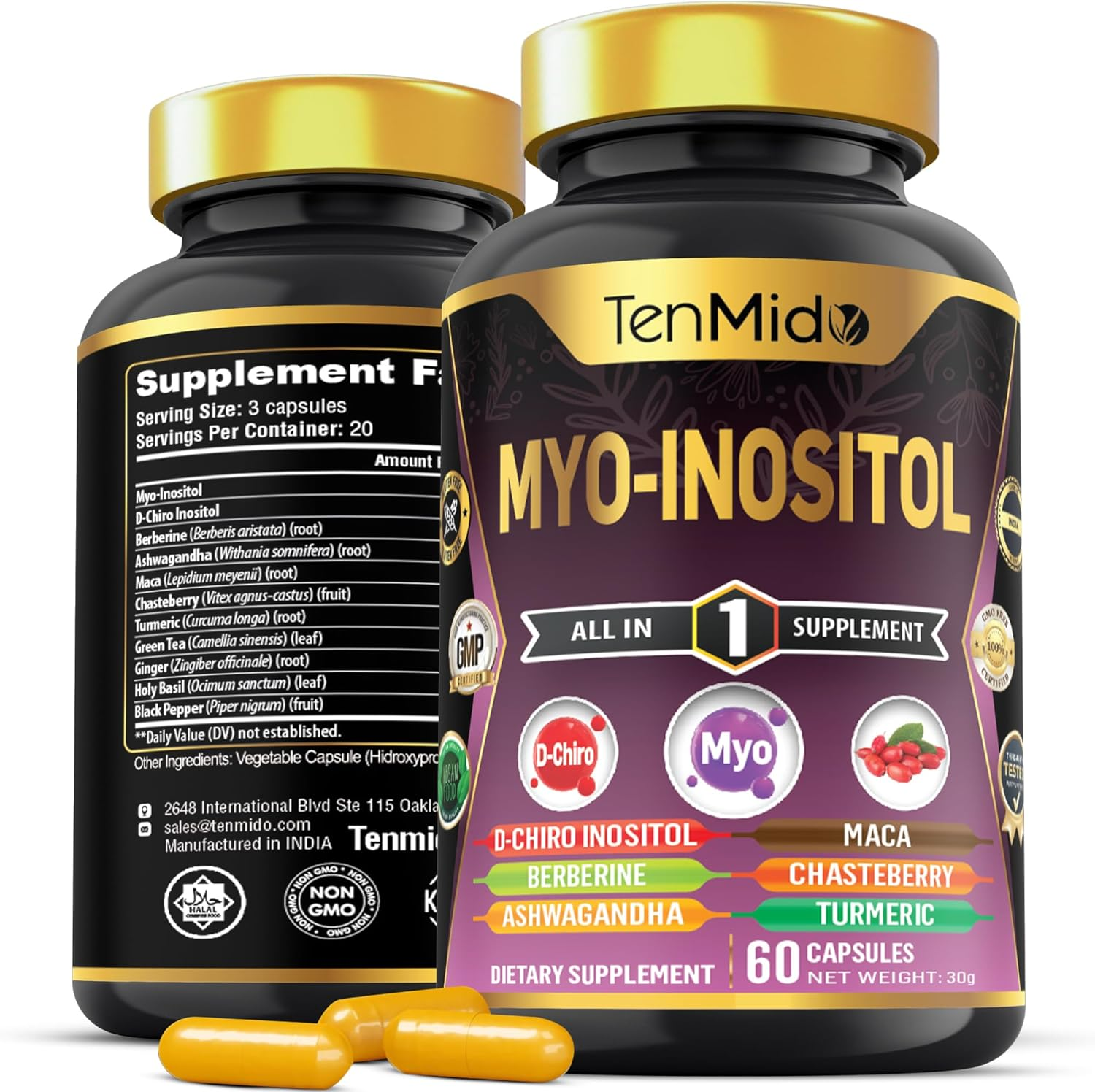 Tenmido Myo-Inositol Supplement for Women &ndash; Blend D-Chiro Inositol, Berberine, Ashwagandha, Maca, Chasteberry, Turmeric, Green Tea, and More &ndash; 60 Vegan & Non-Gmo Capsules image number 6
