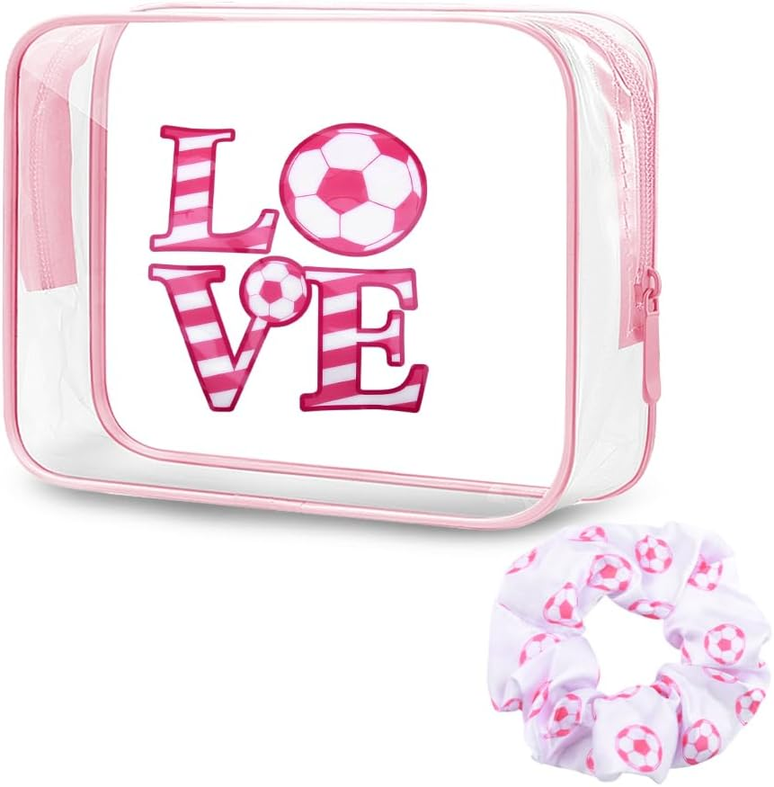 Pink Soccer Gifts Women Girls Pink Soccer Cosmetic Makeup Bag with Sport Hair Scrunchies PVC Clear Football Cosmetic Bags for Coach Players Team Christmas Party image number 4