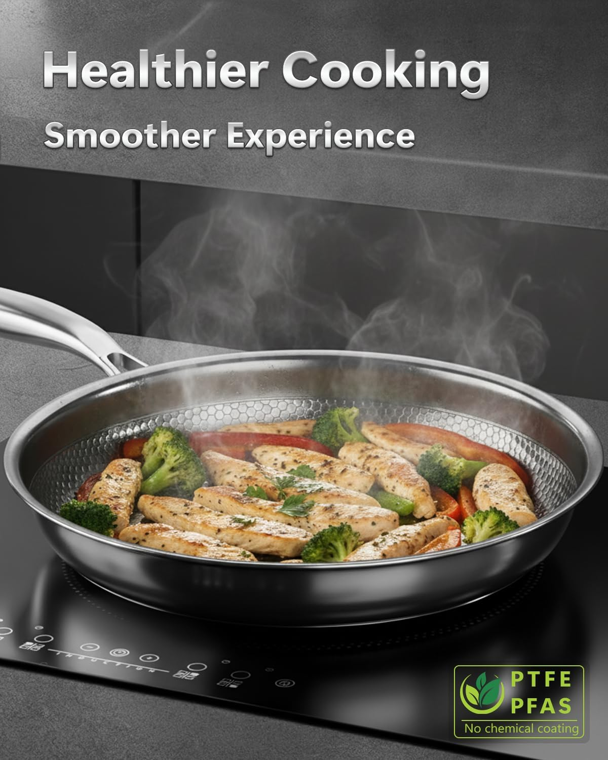 Stainless Steel Frying Pan 28Cm, 5-Ply Non Stick Fry Pan with Lid, Titanium Pans for Cooking No Coating, Non-Toxic, PFOA/PFAS Free, Suitable for Induction, Gas, Electric Cooktops image number 4