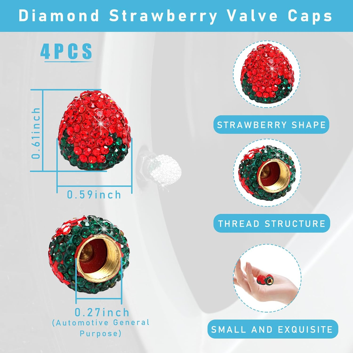 Ziciner 4PCS Strawberry Car Tire Valve Stem Caps, Bling Crystal Rhinestone Tire Valve Stem Covers, Dustproof Wheel Valve Covers for Women, Universal Car Accessories for Most Vehicles (Red) - Red image number 5