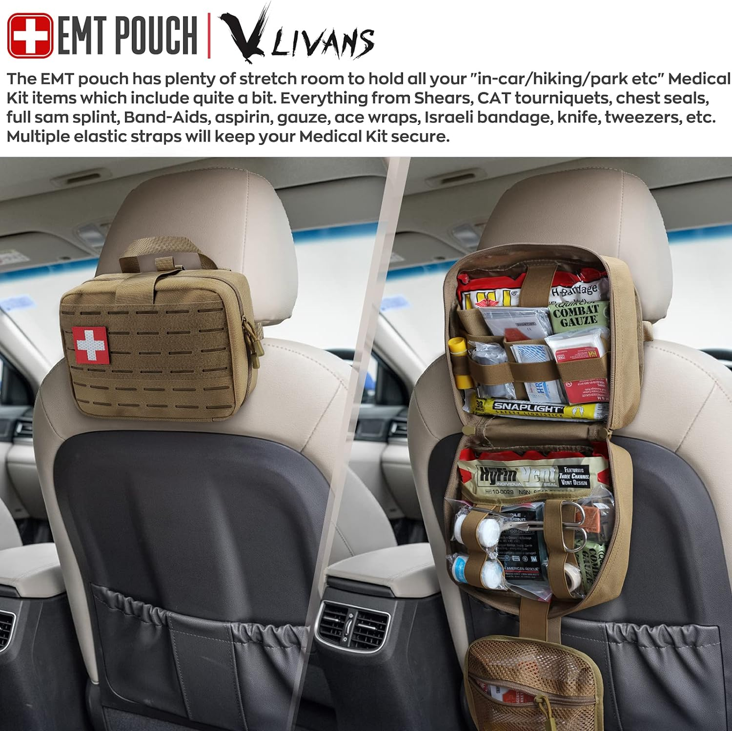 LIVANS Tactical Molle Medical Pouch - Upgraded Size, Large Capacity IFAK Pouch with Detachable Quick Release and Headrest Mount, Includes Flag and Cross Patch - Army Green image number 4