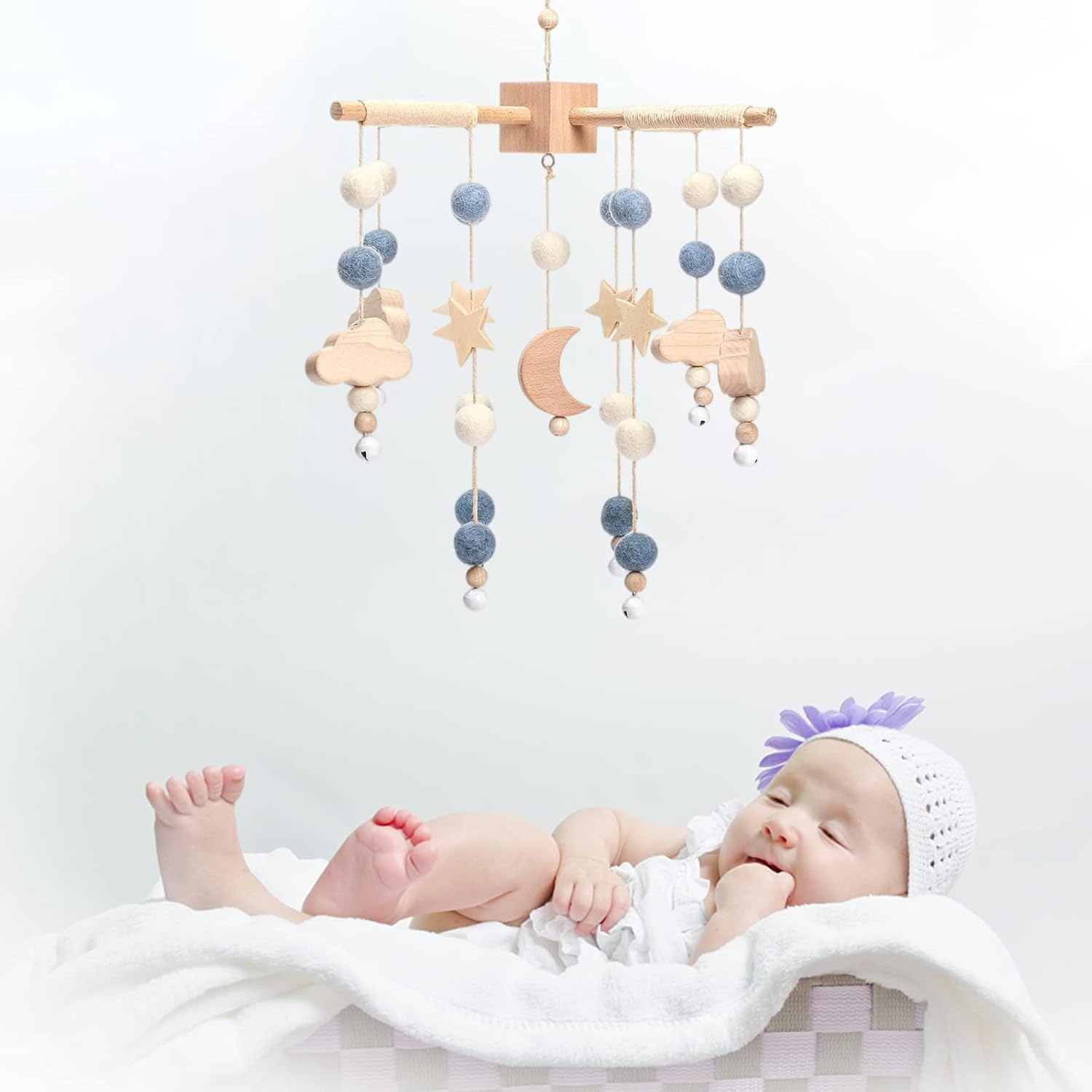 Promise Babe Clouds Wooden Baby Mobile - Blue Moon Design for Girl'S Bed - Fixed Floor Stand image number 3