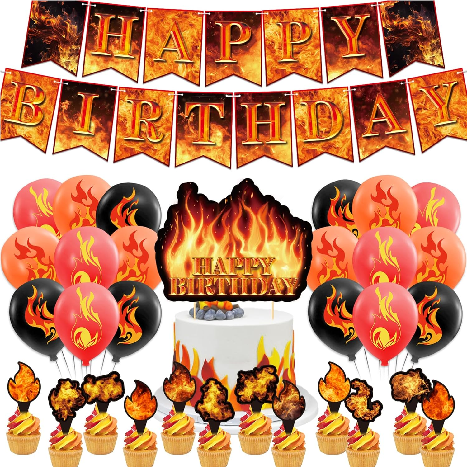Fire Party Decorations Firefighter Birthday Party Supplies Includes Fire Happy Birthday Banner Cupcake Toppers Cake Topper Balloons for Firefighter Party Fire Truck Party Supplies image number 5