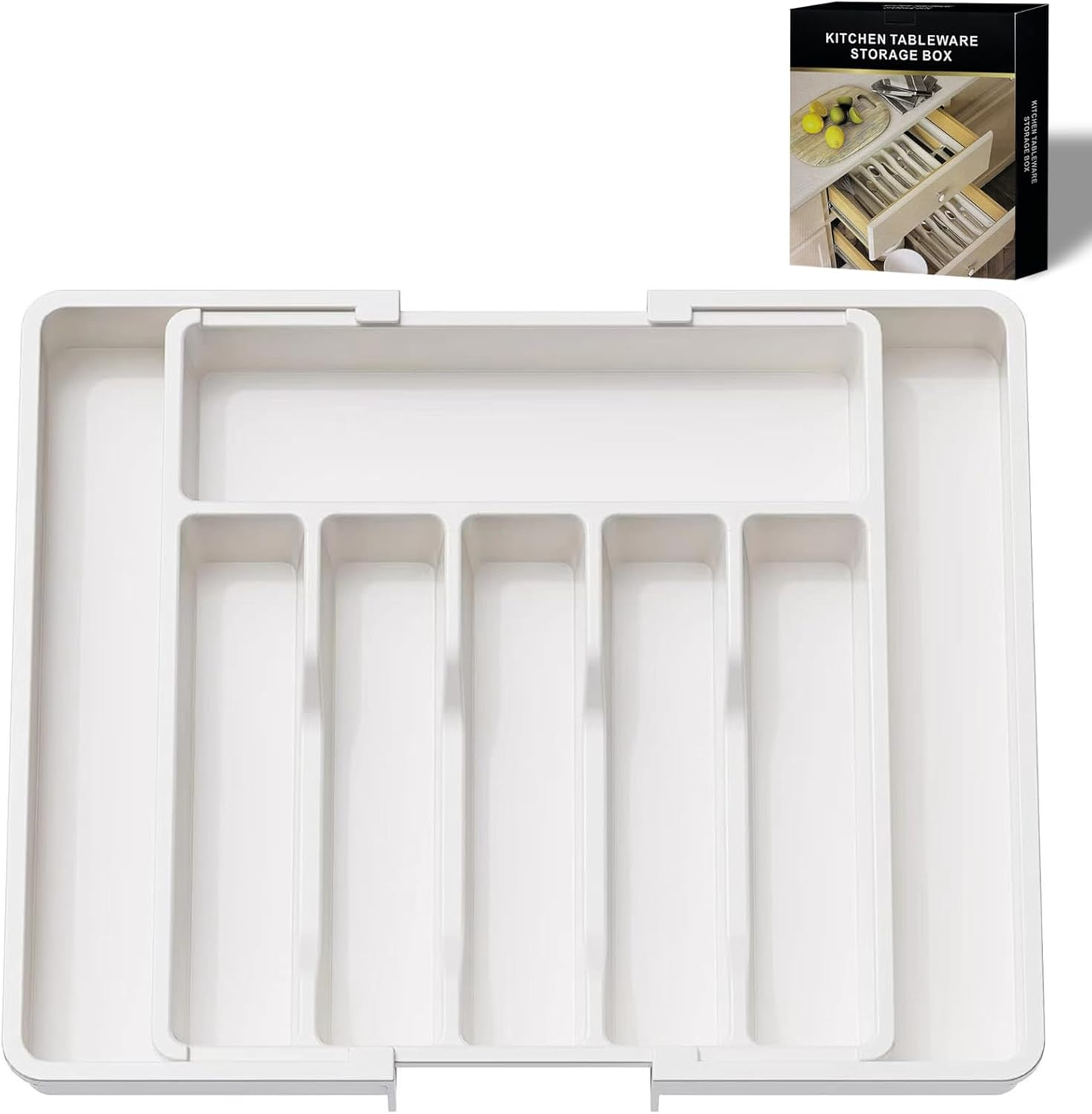 Utensil Drawer Organizer, Expandable Utensil Tray for Kitchen, Adjustable Flatware and Cutlery Holder, Compact Plastic Storage for Spoons Forks Knives (White)