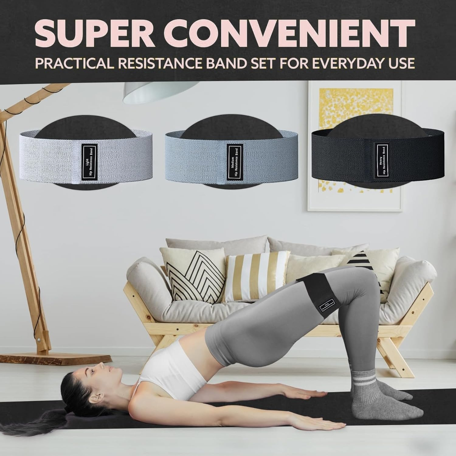 Resistance Bands for Legs and Butt, Fabric Exercise Loop Bands Yoga, Pilates, Rehab, Fitness and Home Workout, Strength Bands for Booty - Light Grey, Grey, Black image number 6