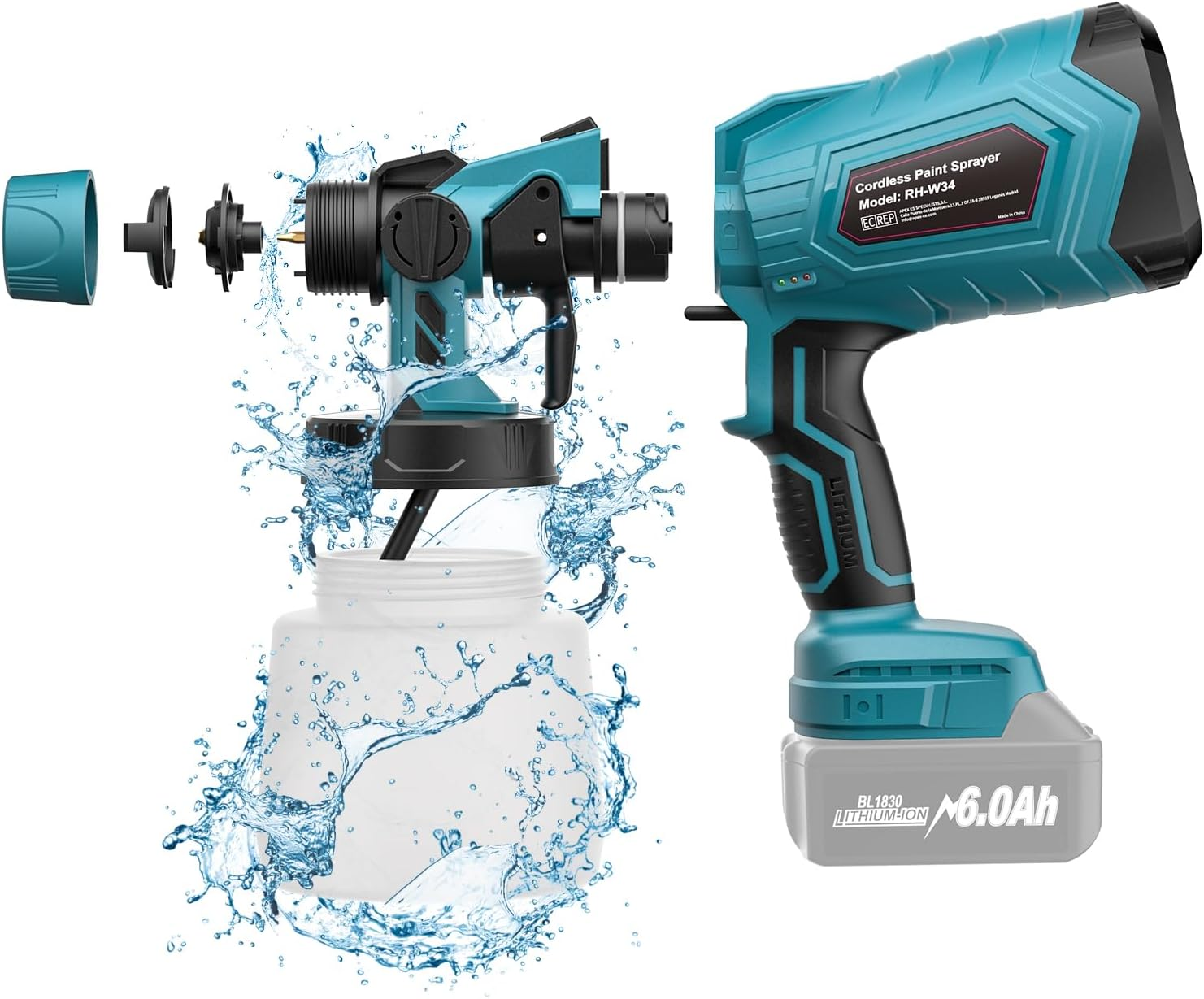 Wireless Paint Spray System for Makita 18 V Battery (Without Battery), Battery Paint Sprayer for Fences and Decking, Spray Gun, Hand Paint Sprayer for Home DIY Painting, 3 Spray Patterns & 1000 Ml - Blue For Makita Batteries image number 5