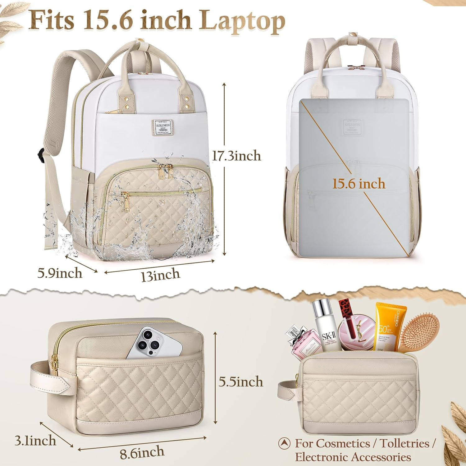 IGOLUMON Backpack for Women 15.6 Inch Laptop Backpack Work Business Backpacks Purse Waterproof College Carry on Backpacks image number 2