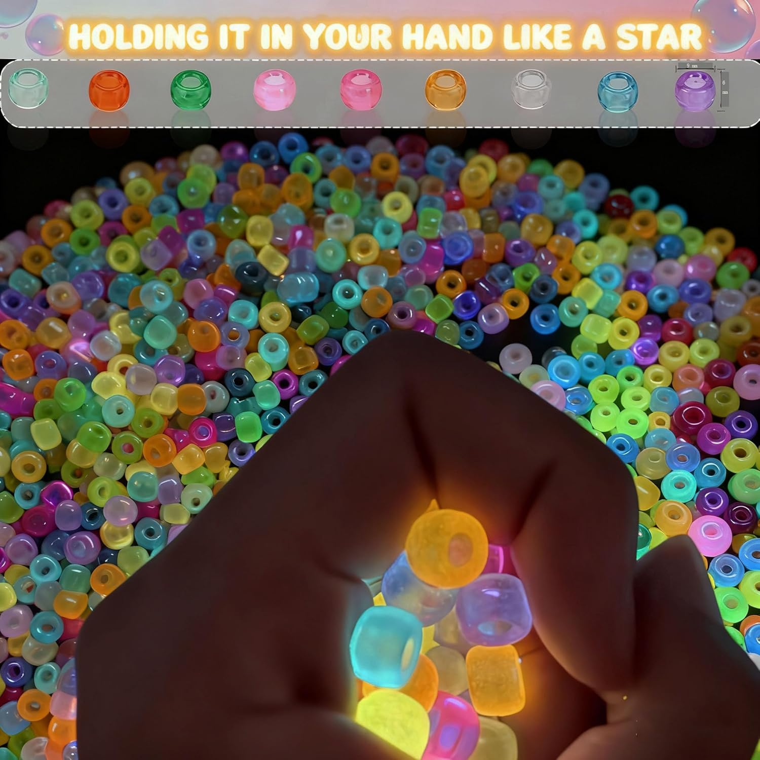 1000Pcs Glow in the Dark Pony Beads Bracelet 9Mm Plastic Barrel Pony Beads for Necklace,Hair Beads for Braids,Key Chain,Jewelry Making (Night Glow) - Black_1000Pcs image number 3