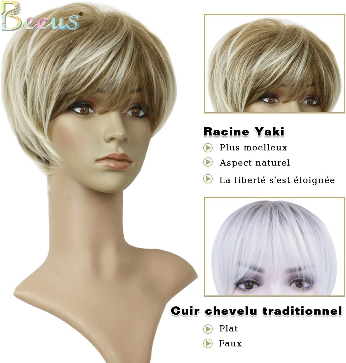 Becus Blonde Wig Short Women'S Pixie Cut Fluffy Synthetic Wig Short Hair Blonde Ombre Dark Root Layered Hair with Fringe Wigs for Women Daily Use (Ash Blonde) - Blonde Bob image number 3