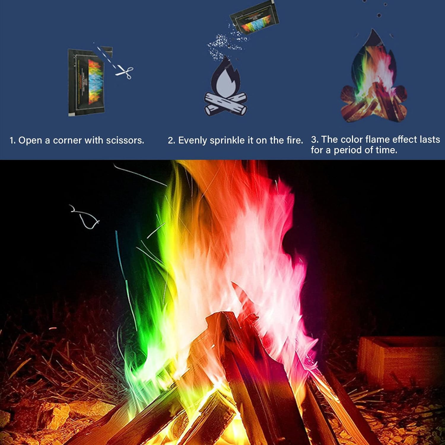 5PACS Color Changing Packets,Changing Flames for Campfire Bonfire Outdoor Fireplaces, Mystical Rainbow Flames, 30-35 Minutes Duration image number 3