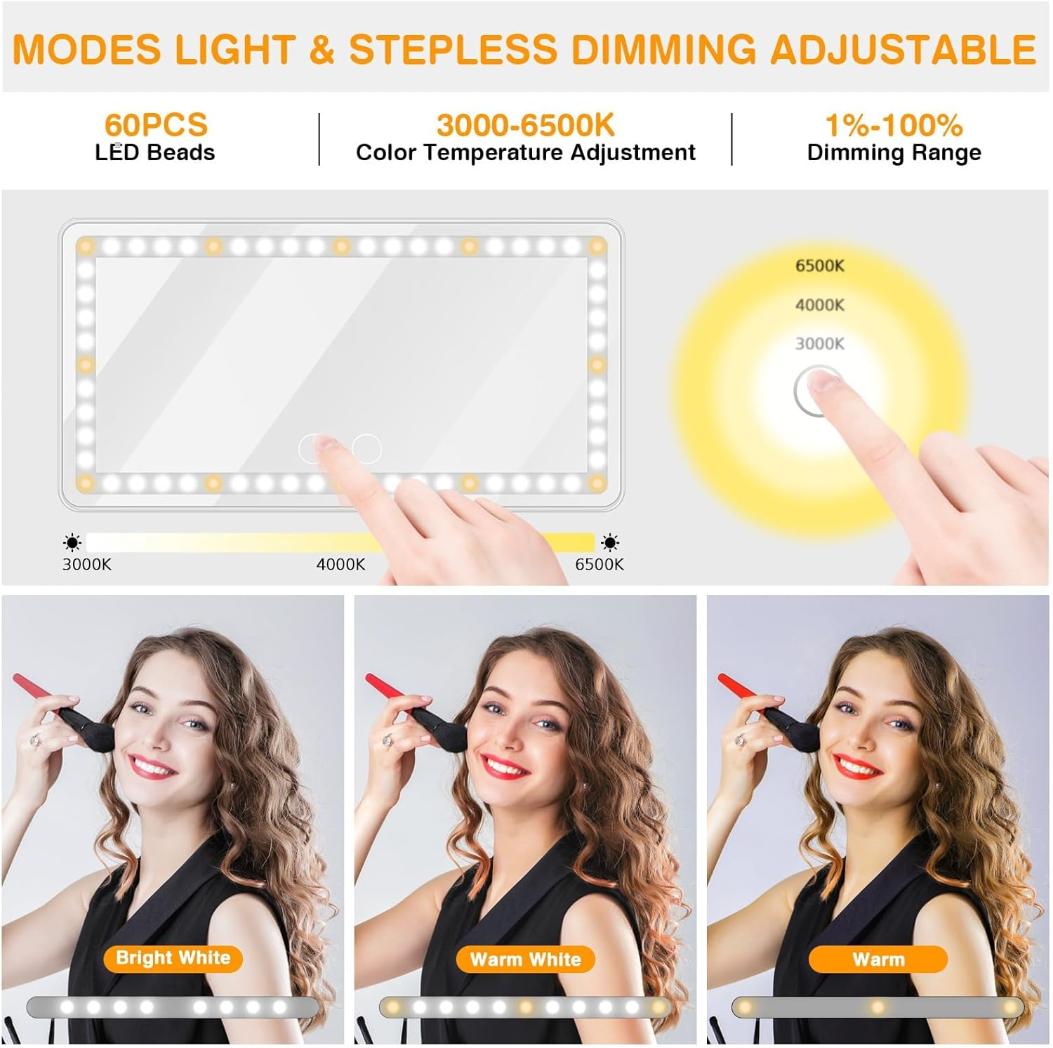 Rechargeable Car Vanity Mirror with LED Lights for Sun Visor &ndash; 3 Light Modes, Dimmable Touch Screen, Memory Function &ndash; Makeup Mirror for Car, SUV, Truck &ndash; Universal Fit (White) image number 3