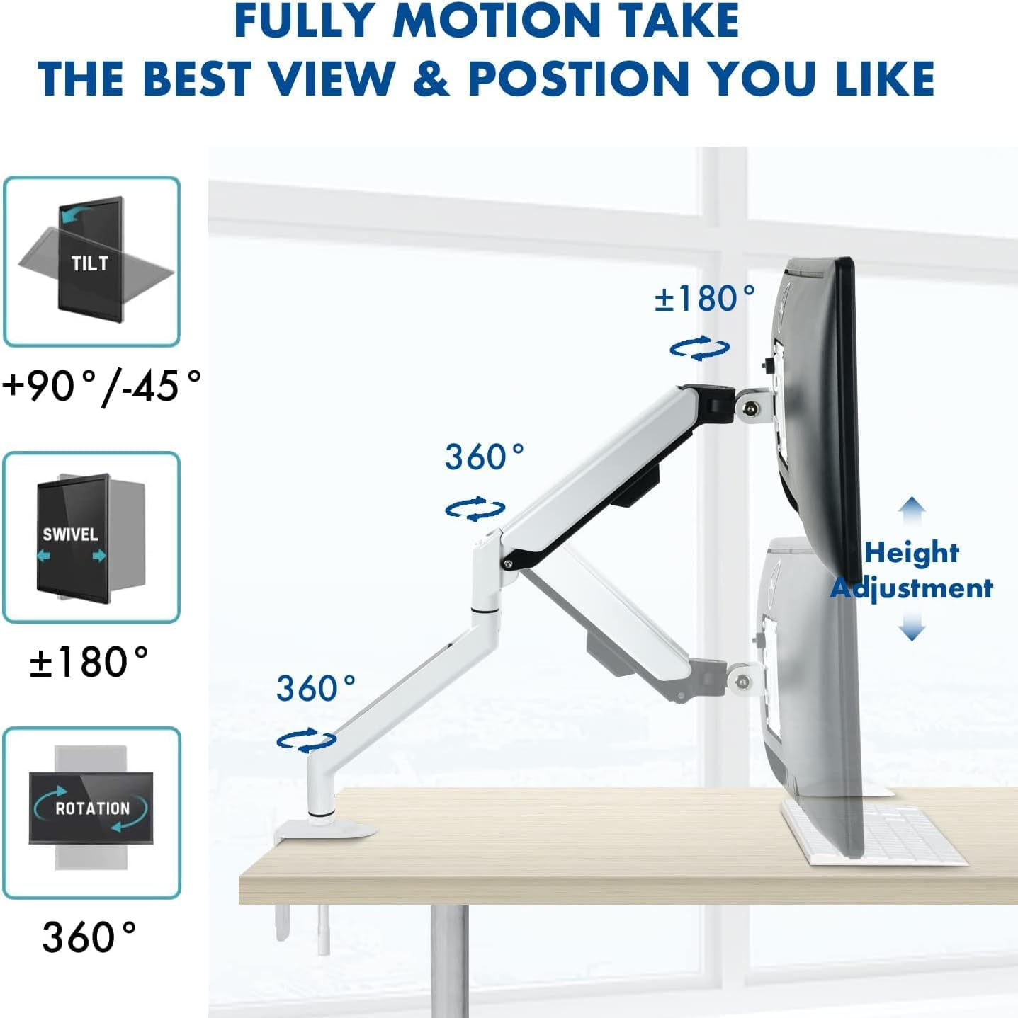 Single Monitor Arm Aluminium - Gas Spring Monitor Arm 13-32 Inch Screen, Adjustable Ergonomic Monitor VESA Mount Screen Stand, Aluminium Gaming Monitor Mount &Grommet Mounting Base, 4.4-19.8Lbs image number 2