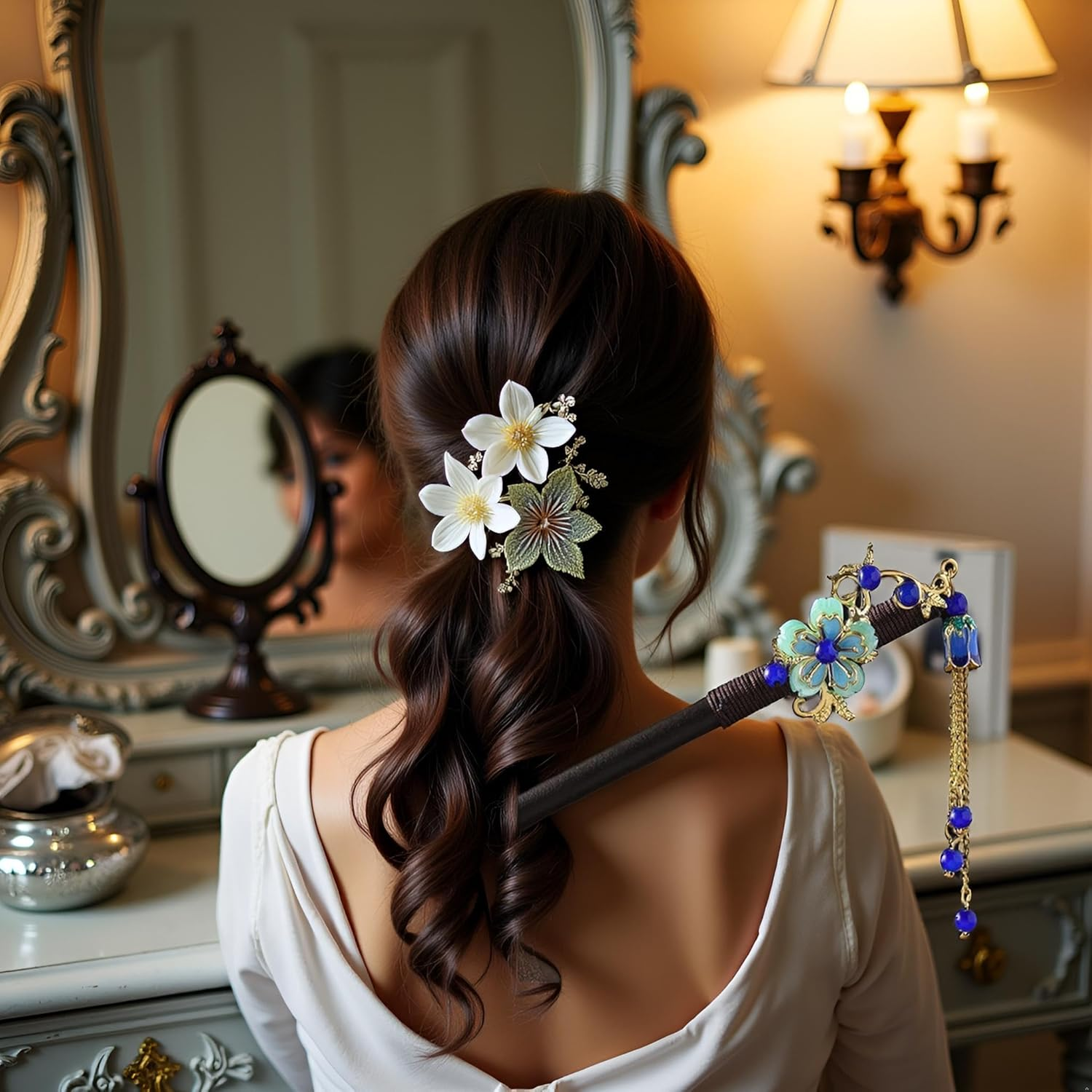 Jjlfresheners Blue Retro Vintage Flower Hair Stick - Wooden Hairpin with Tassel, Hair Securing for Wedding, Hairdressing, Hair Accessories for Adult Women - 1 Count image number 3