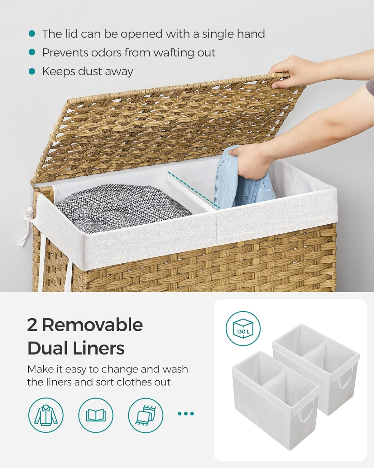 SONGMICS Laundry Hamper with Lid, 130L Clothes Hamper with 2 Removable Liner Bags & 6 Mesh Bags, Wicker Laundry Basket, Double Laundry Hamper for Bathroom, 13 X 26 X 23.6 Inches, Natural ULCB253N01 image number 3