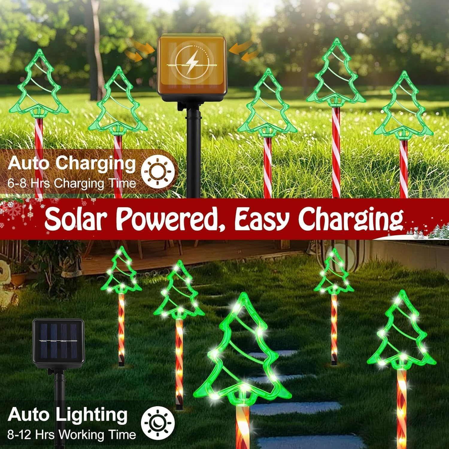 5 Pack Christmas Solar Pathway Lights Outdoor Decorations, 8 Modes Christmas Tree Candy Lights with 70 Leds, Waterproof Xmas Garden Stake Lights for Walkway Yard Lawn Porch Holiday Decor