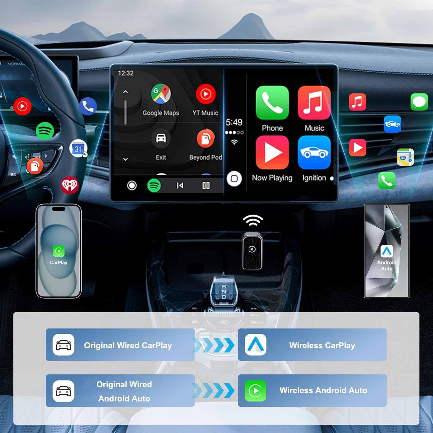 Wireless Carplay & Android Auto Adapter &ndash; Plug & Play USB Dongle for Factory Wired Systems (2017+ Cars) | Iphone/Ios 10+ & Android 11+ | Auto-Reconnect & OTA Updates image number 1