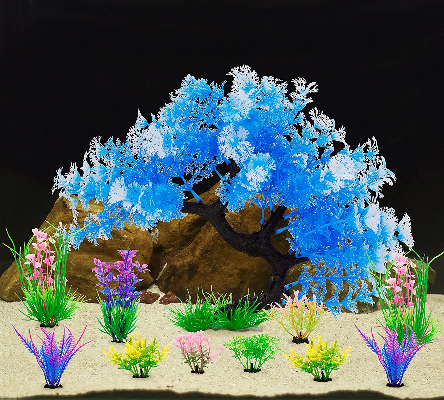 Mylifeunit Fish Tank Decorations, 15 Pack Artificial Aquarium Plants Tree Set for Fish Tank Decor (Bule Set) - Bule image number 3