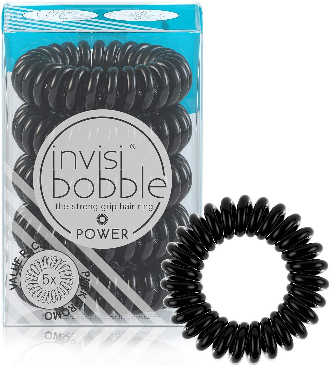 Invisibobble Power Traceless Spiral Hair Ties - 5 Pack - Crystal Clear - Strong Elastic Grip Coil Hair Accessories for Active Women - No Kink, Non Soaking - Gentle for Girls Teens and Thick Hair