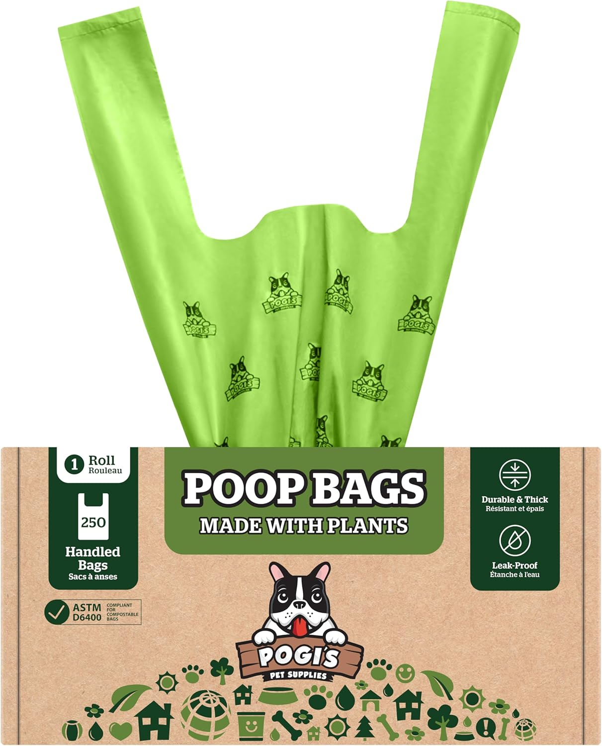 Pogi'S Compostable Poop Bags - 250 Dog Poop Bags with Easy-Tie Handles - Leak-Proof, Plant-Based, ASTM D6400 Certified Home Compostable Waste Bags for Dogs (250 Bags with Handles) image number 2