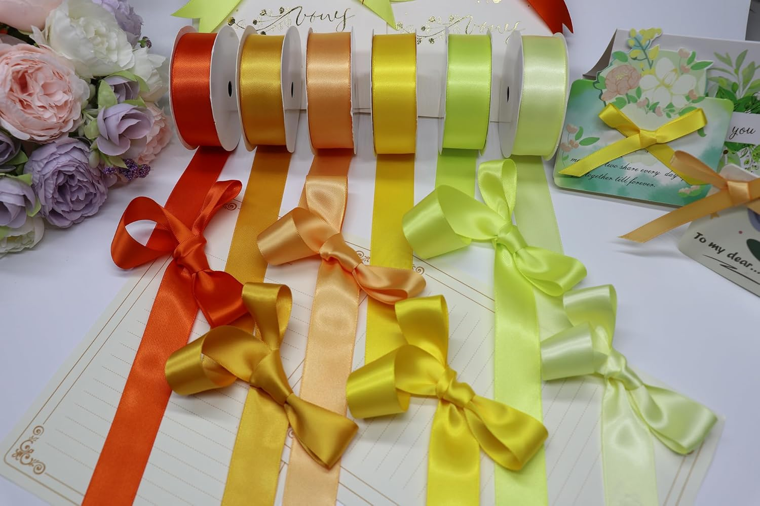 Satin Ribbon 1 Inch Fabric Ribbon, Yellow Ribbon Assortment Double Faced Ribbon for Gift Wrapping Flower Bouquet Wedding Party Decoration Hair Bows DIY Crafts- 10 Yards/Roll, Total 60Yds image number 6