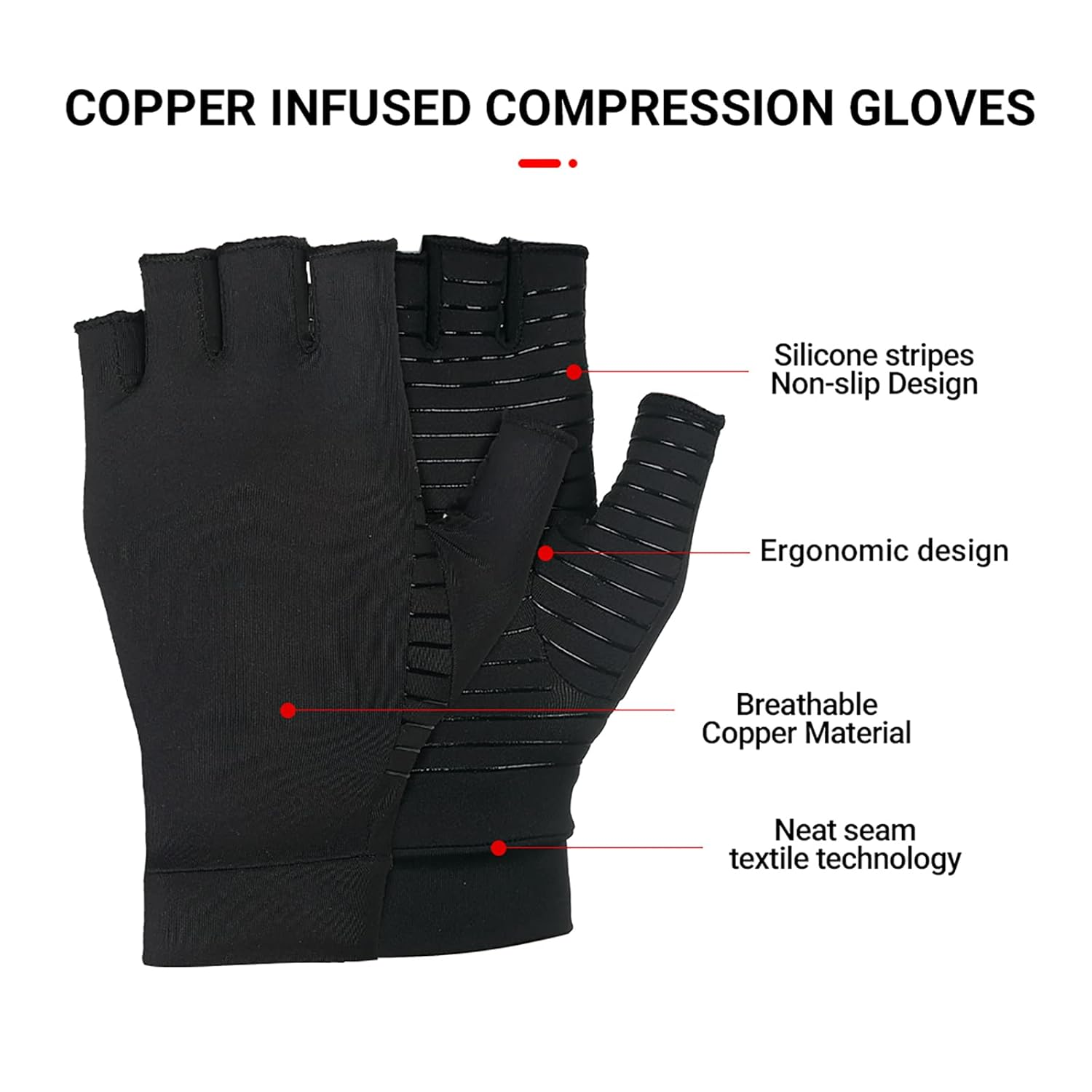 Mokigol Copper Arthritis Gloves, Copper Infused Fingerless Glove for Arthritis Pain to Alleviate Carpal Tunnel, Rheumatoid, Tendonitis, Computer Typing and Daily Work Fits Women & Men, Black, Medium
