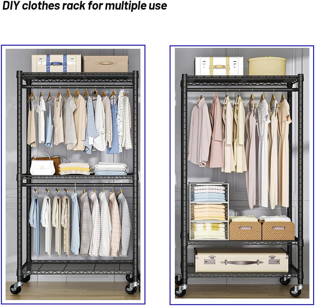 Rolling Clothes Rack,Heavy Duty Garment Rack,Adjustable Shelves and Hanging Rods, Multi-Functional Clothing Rack for All Kinds of Clothes Storage.Expandable Wardrobe and Closet Organizer. image number 5