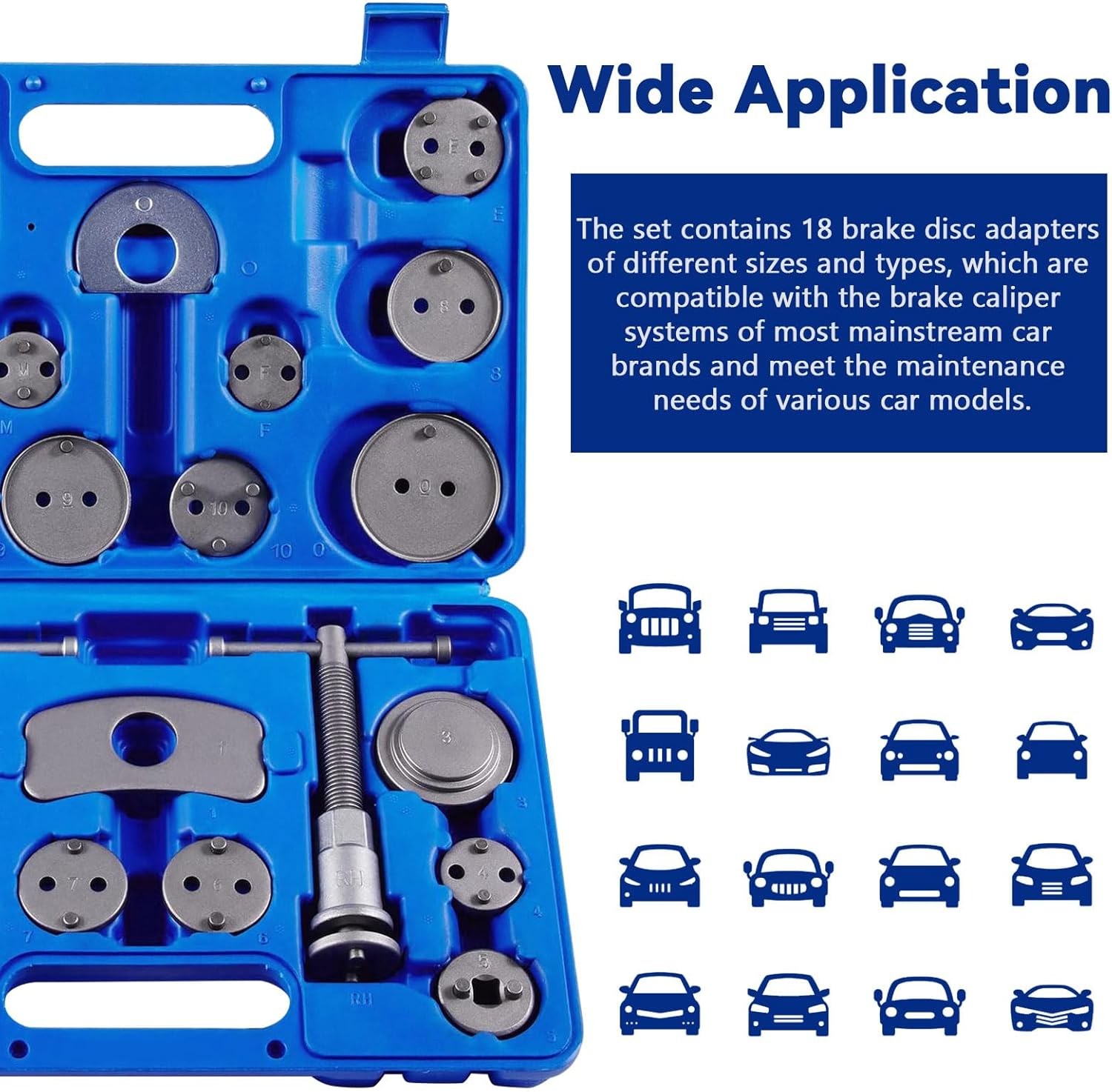 24Pcs Disc Brake Caliper Tool Set with Hooks Brake Tool Kit, Disc Brake Caliper Compression Tool, Caliper Piston Compressor Tool Includes 18 Adapters, Left/Right Thrust Bolts, Plates, Pad Replacement