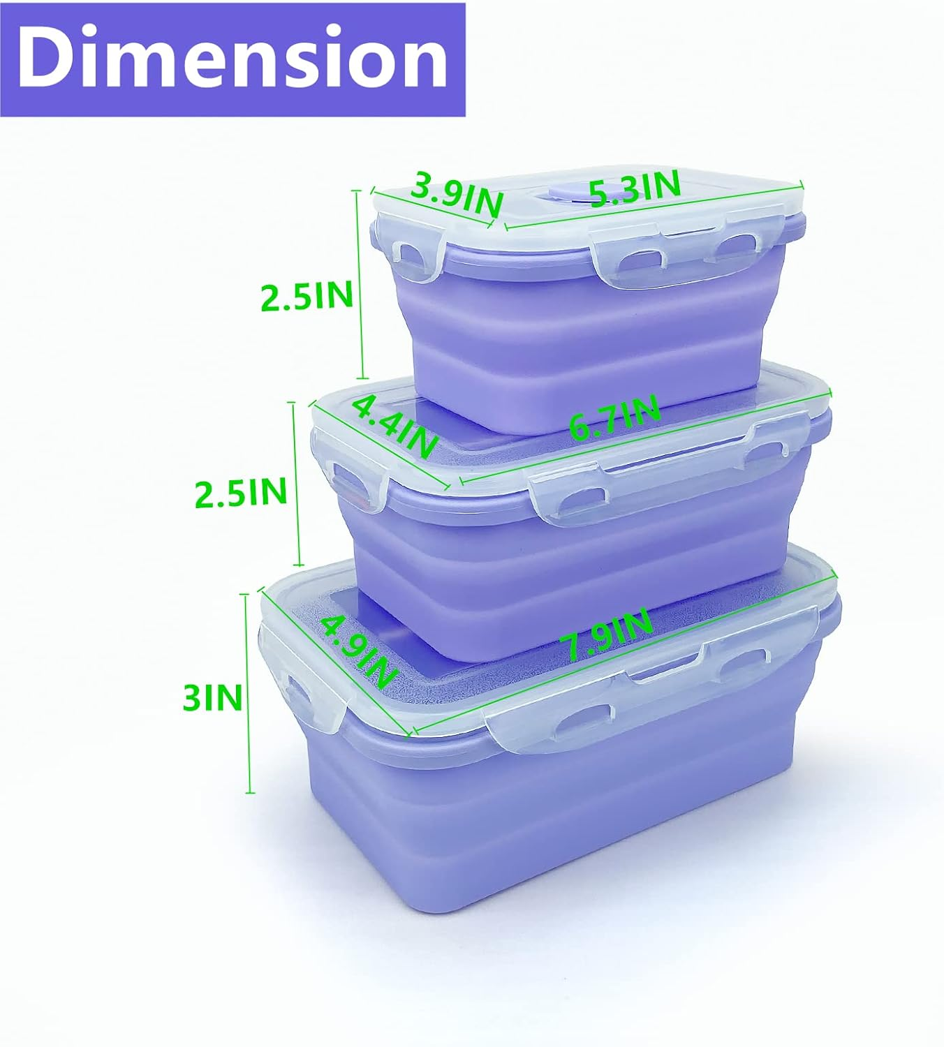 Lunbengo Purple Collapsible Meal Prep Containers Camping Bowls Silicone Bento Box with Airtight Plastic Lid, Microwave Safe, Portable Lunch Container, for Food Storage, Travel and Hiking, 3Pack image number 3