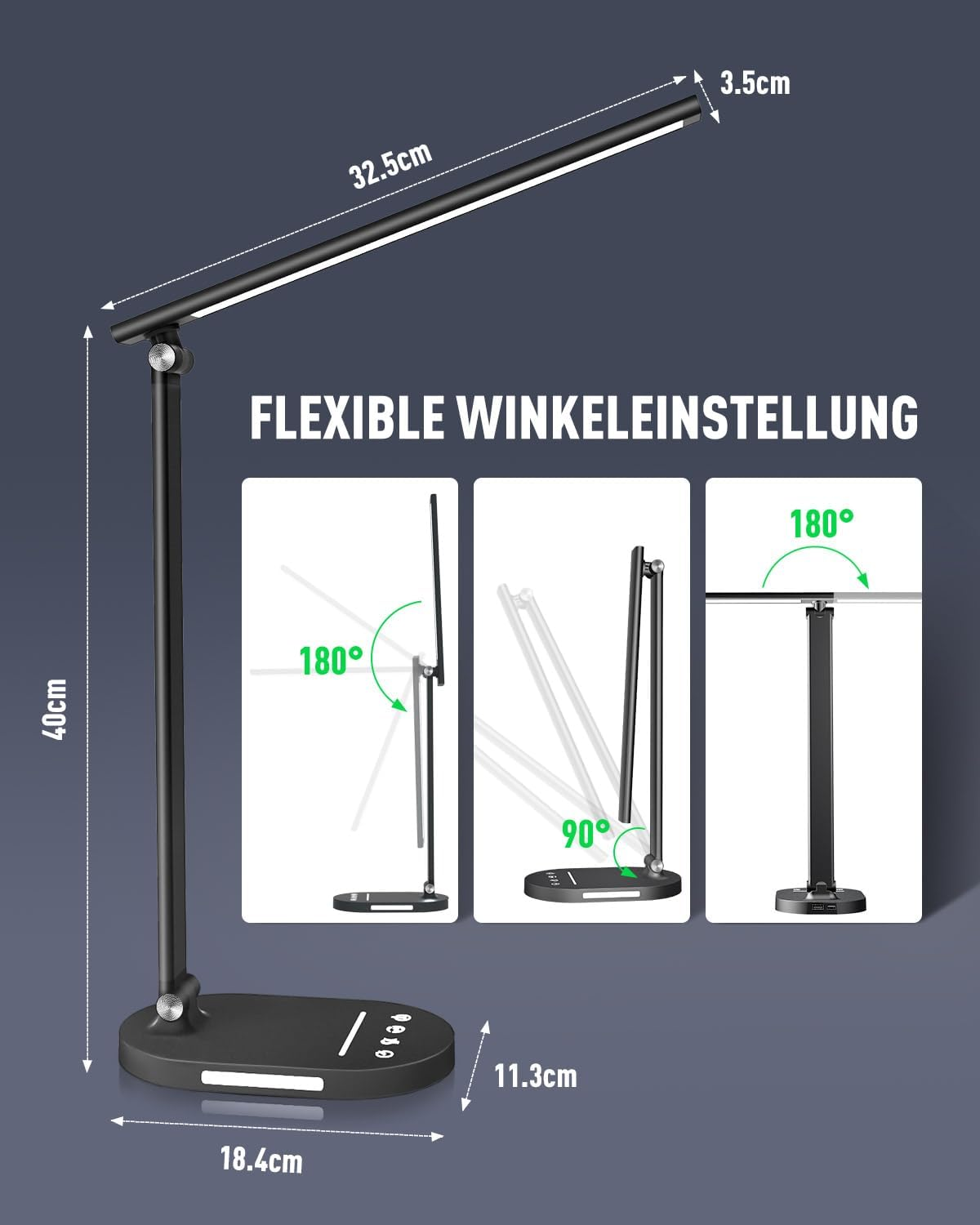 HASKARE Desk Lamp LED Dimmable Table Lamp, 5 Colour Modes and 5 Brightness Levels, Anti-Glare Eye Protection Desk Lamp, USB Charging Port, with 5V/2A Power Adapter - Schwarz Aufgewertet image number 6