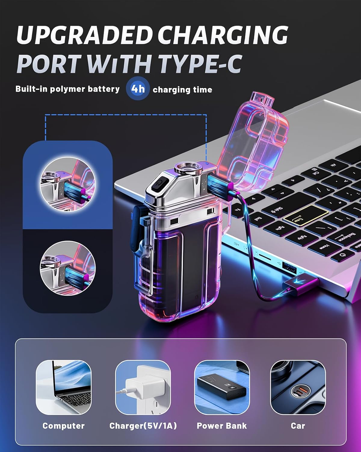 YESDEX Electric Lighter Rechargeable - Flameless USB C Candle Lighter with LED, Windproof & Waterproof for Safe Use (1, Transparent) image number 4