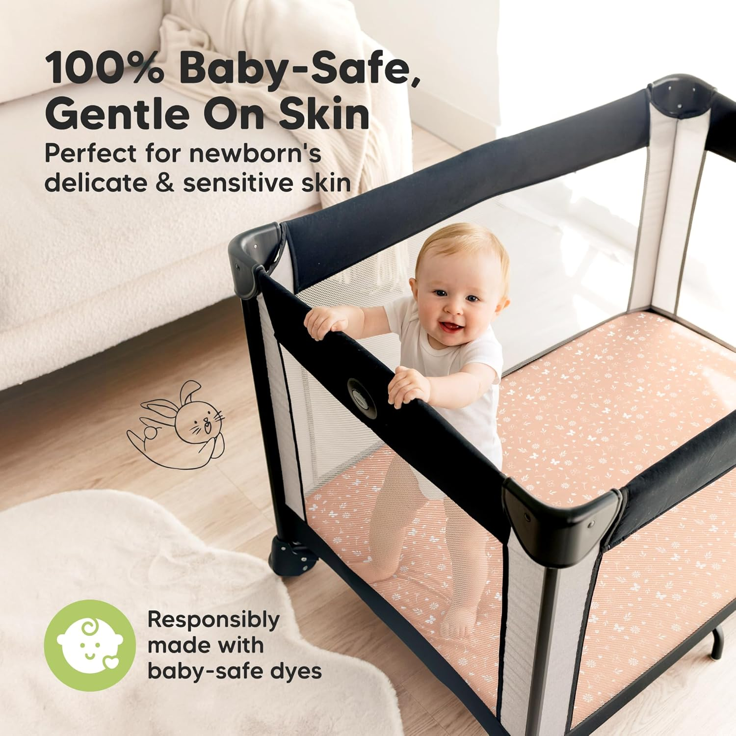 2-Pack Mini Cot Sheets Fitted - Bamboo Baby Cot Sheets Fitted for Pack N Play Mattress 97X66Cm, Soft & Cozy, Neutral Toddler Playard Bedding, Snug Mini Baby Crib Mattress Cover Boy, Girl (Butterflies) - Bunnies image number 4