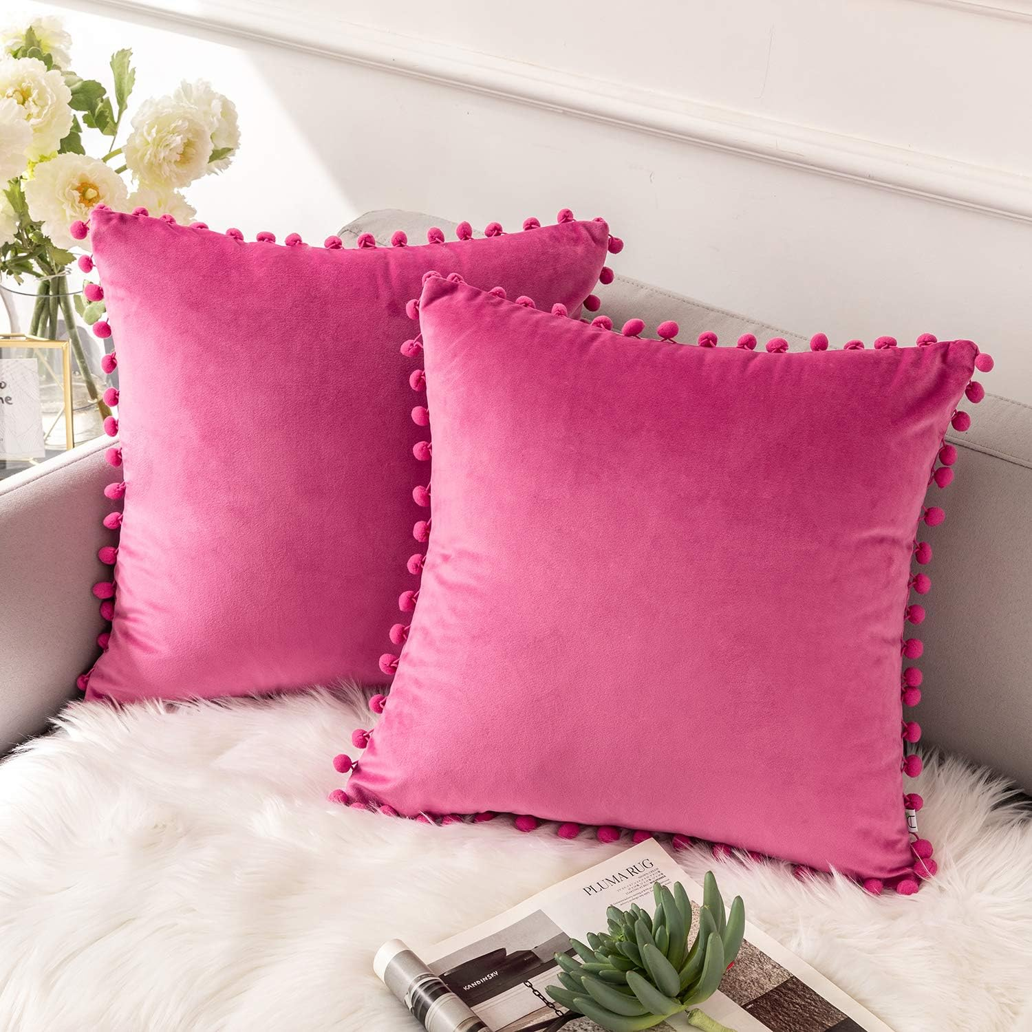 Ashler Decorative Plush Velvet Solid Square Throw Pillow Covers with Small round Velvet Particles 18 X 18 Inch 45 X 45 Cm, Made of Polyester, Pink, 18 X 18 Inch image number 3