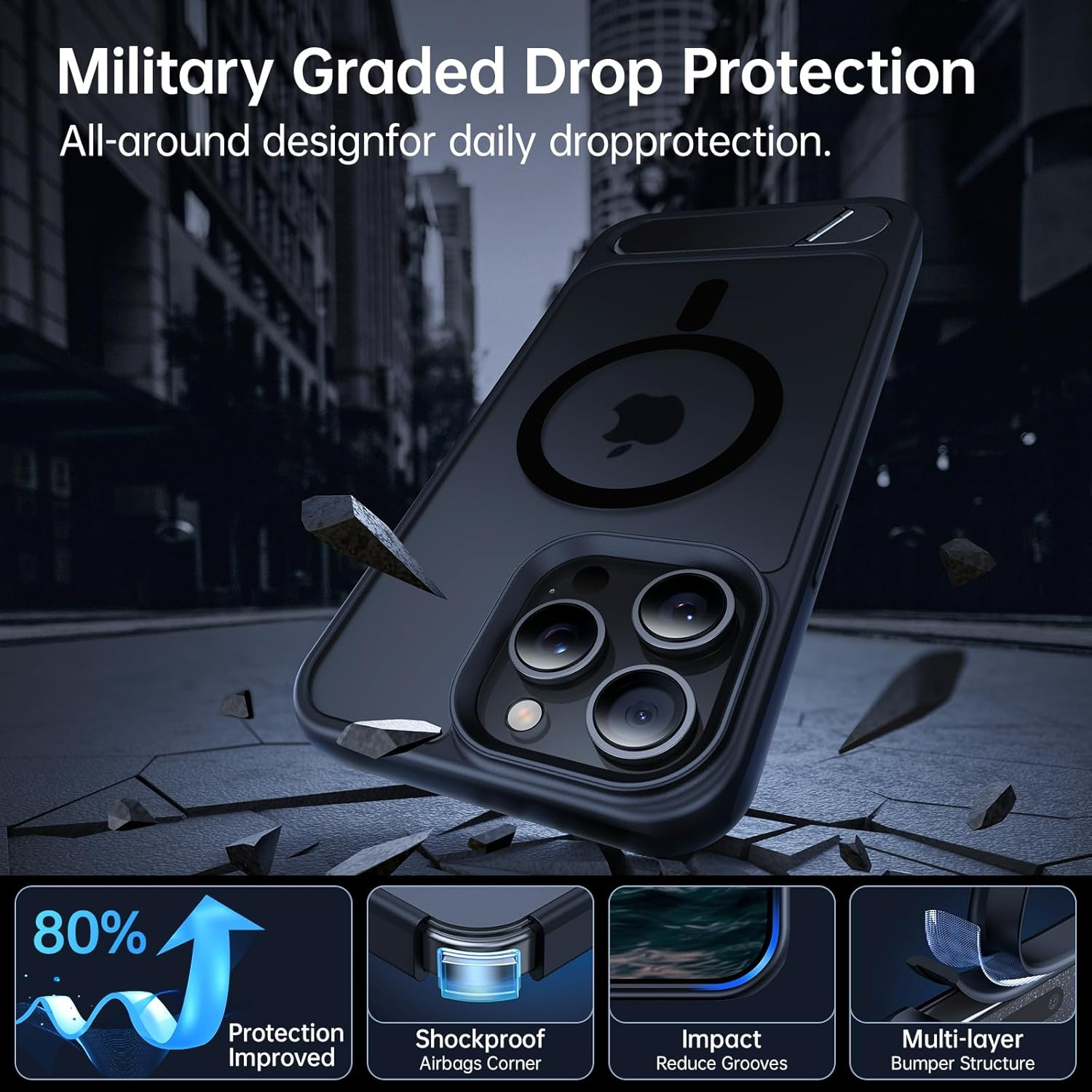 DOMAVER for Iphone 15 Pro Max Case Compatible with Mag Safe, Military-Grade Protection with Built-In Kickstand, Slim Translucent Matte Back Protective Phone Cover for Iphone 15 Pro Max 6.7", Black image number 2