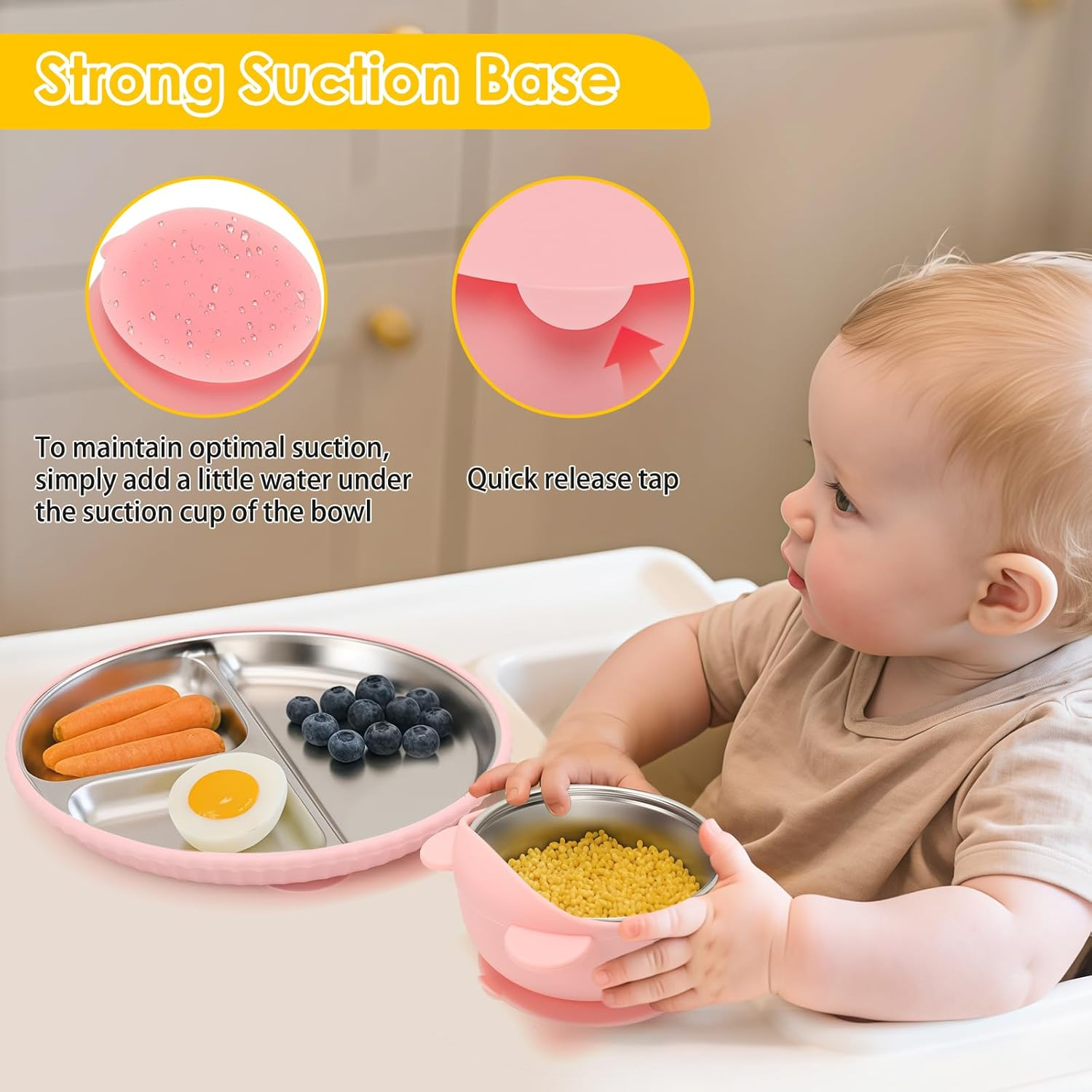 Baby Stainless Steel Feeding Set - 2 Four Leaf Clover Plate + 2 Bowls with Removable Silicone Lids | 100% Food Grade 304 Steel | Dishwasher Safe Toddler Tableware (Pink & Yellow) image number 5