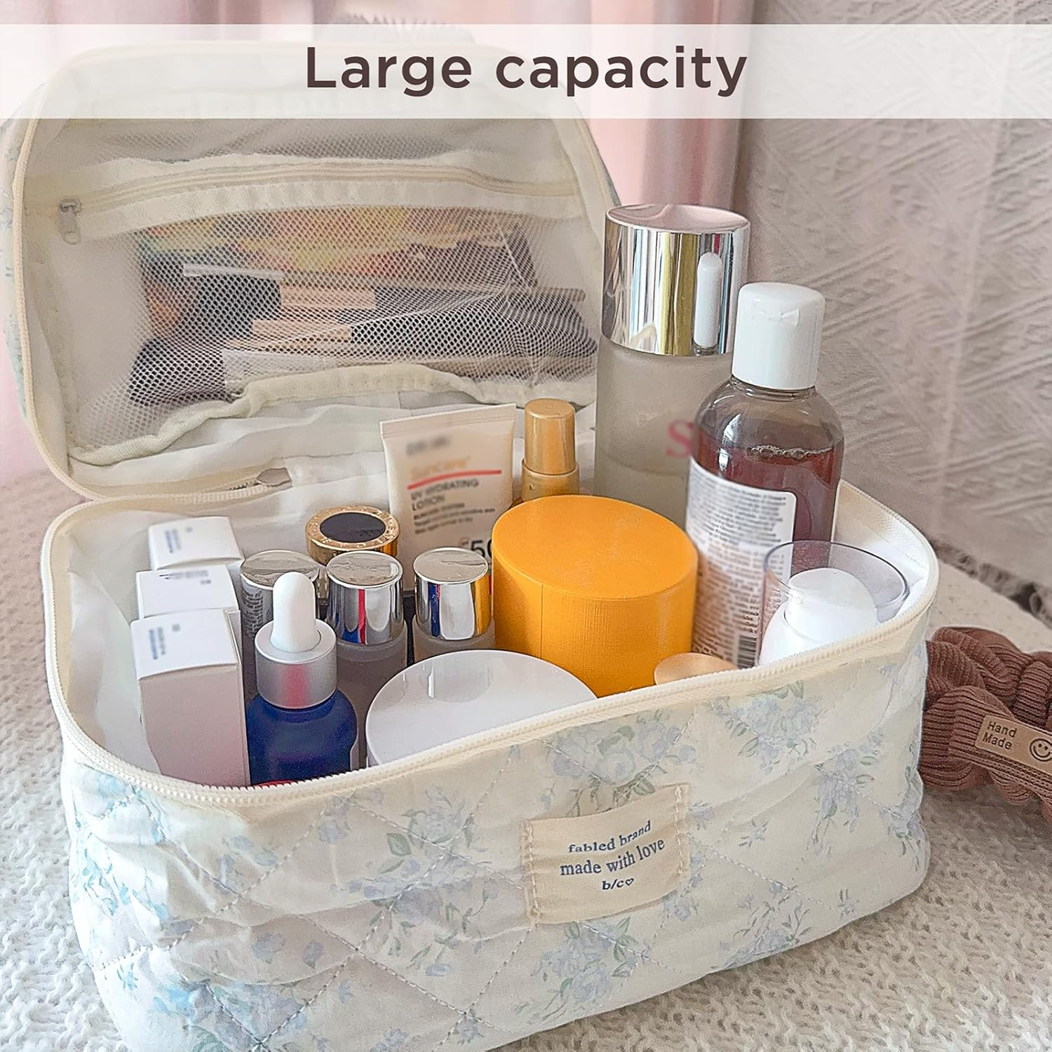 Makeup Bag Large Travel Quilted Cosmetic Makeup Bag Organizer, Floral Cotton Coquette Aesthetic Toiletry Bag for Women Girls, Blue Romantic Rose-L, Floral - Blue Floral image number 2