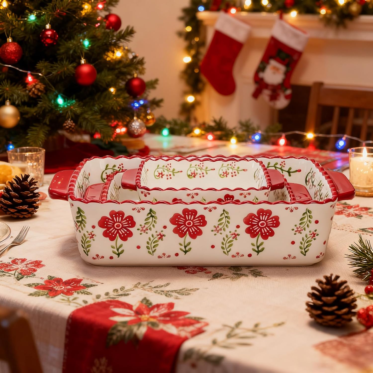 Coloch 3 Pack Ceramic Baking Dishes, Rectanglar Bakeware Set Hand-Painted Lasagna Pan Porcelain Serving Bakeware for Pasta, Chicken, Kitchen, Banquet, Microwave and Dishwasher Safe image number 2