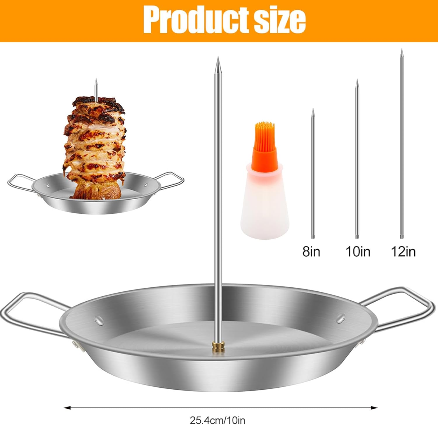 Vertical Skewer Grill, Stainless Steel Al Pastor Skewer with 3 Removable Spikes 8/10/12 Inch Oil Brush, Reusable Vertical Barbecue Rack, Shawarma Kebabs Smoker Oven BBQ Dishes