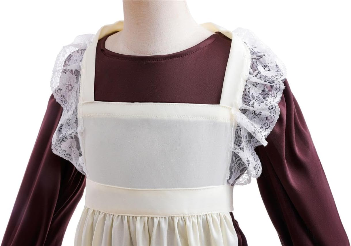 Dressy Daisy Pioneer Colonial Prairie Maid Dress Costume Clothing with Apron and Bonnet Mob Cap for Toddler Little Girls, Brown image number 5