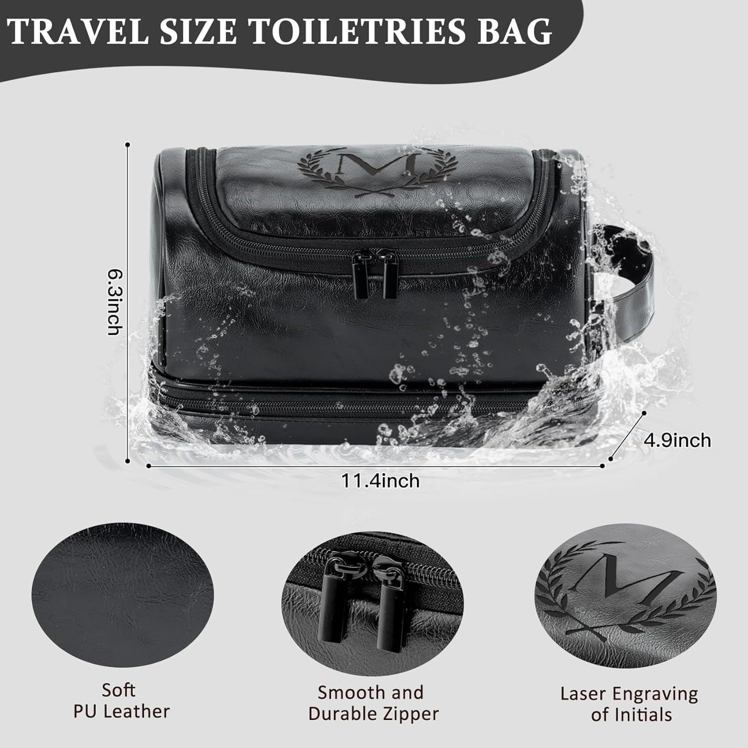 Aganmi Personalized Gifts Travel Toiletry Bag for Men Him, Laser-Engraved Initial PU Leather Waterproof Shaving Bag Christmas Birthday Gift for Men Dad Husband Boyfriend Groomsmen, Black M image number 2
